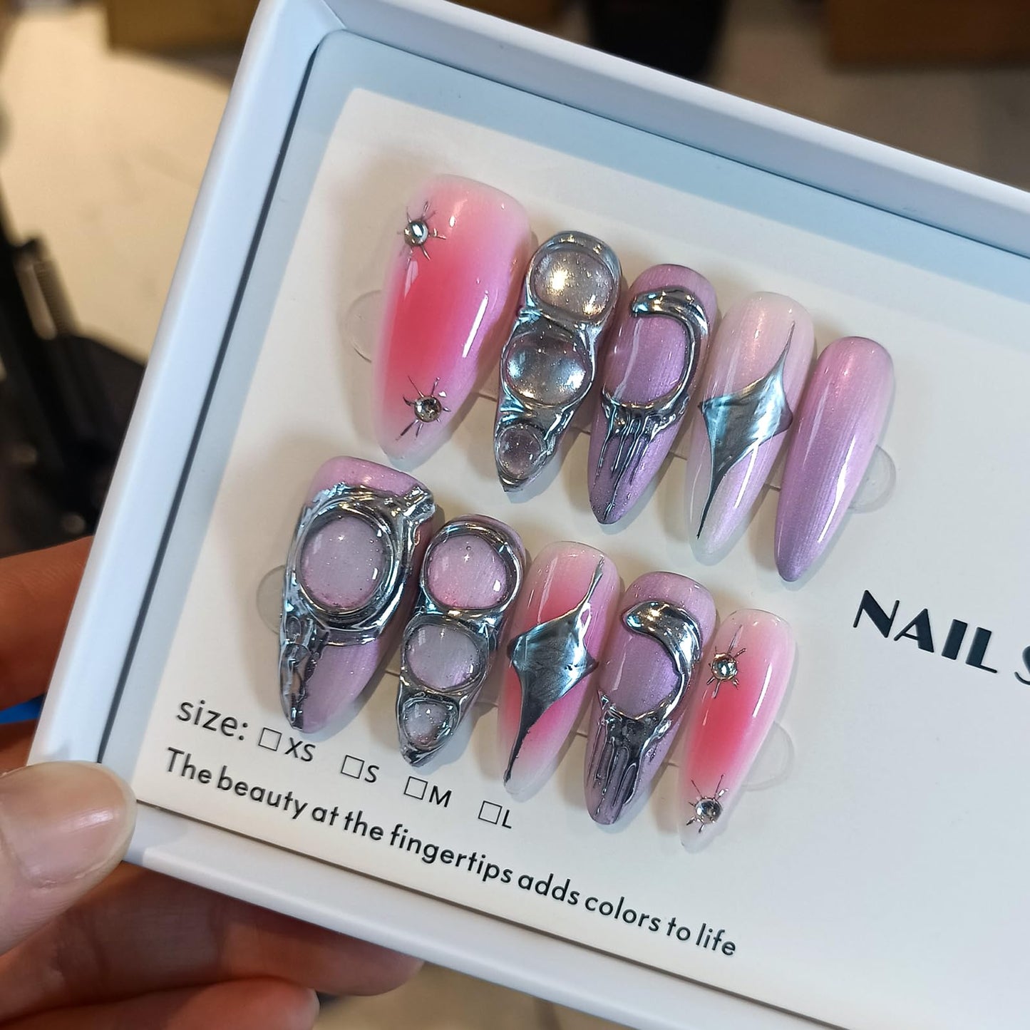 TENPAL Handmade Press on Nails Almond,Sweet Cool Fake Nails With Designs,Metal 3D Aurora Nails 10Pcs/Box,Acrylic False Nails Press Ons,y2k False Nails With Glue For Women Girls Gift(L)