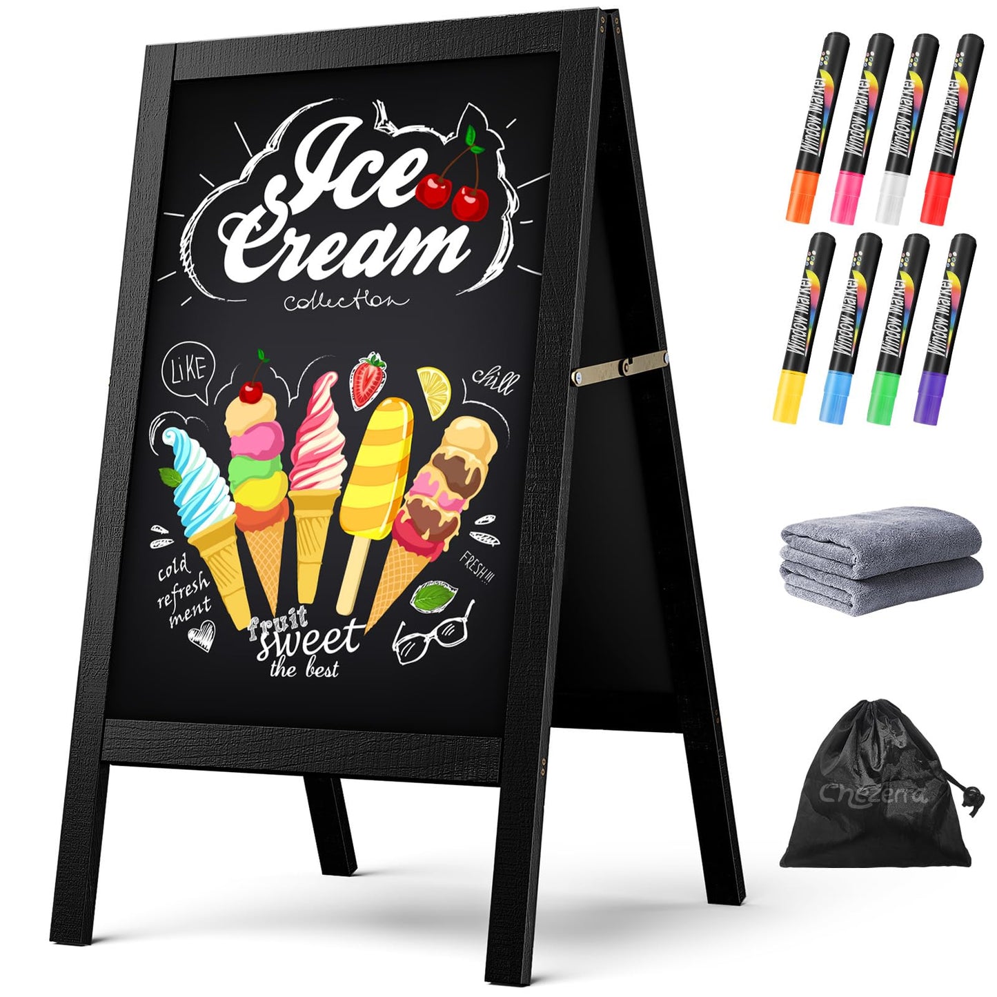 Chezerra A Frame Chalkboard Sign, 40"x20" Extra Large Sidewalk Chalk Board, Wooden Standing ChalkBoards Set with Markers, Double-Sided Magnetic Blackboard for Cafés, Weddings, Party Guide, Black