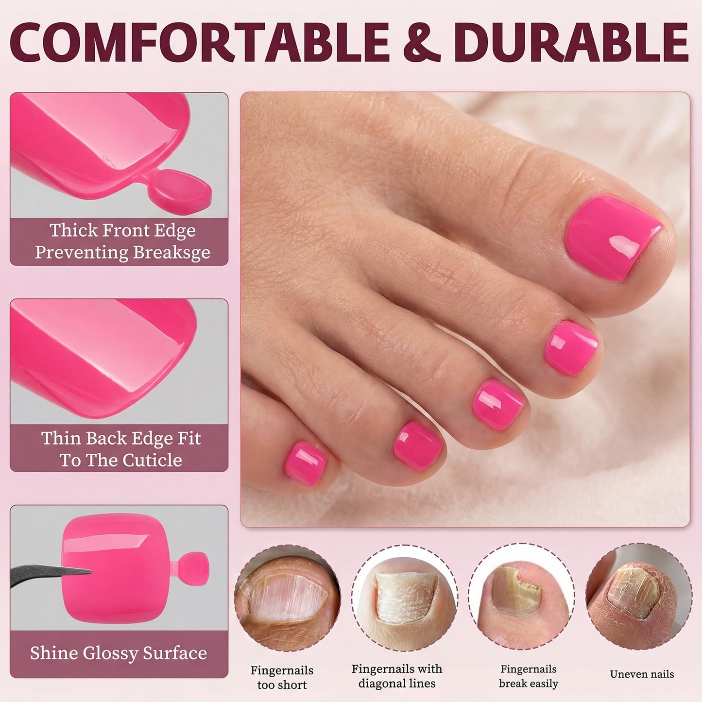 120pcs Hot Pink Press on Toenails for Women,Short Square Fake Toe Nails,12 Sizes False Toenails with Nail Glue and Adhesive Tabs