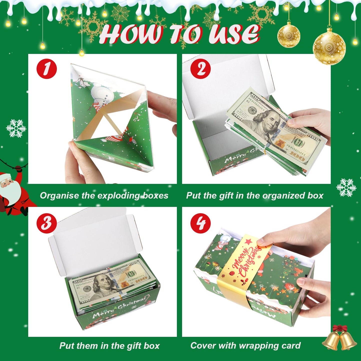 Surprise Gift Box Explosion for Money, Unique Folding Bouncing Red Envelope Gift Box with Confetti, Cash Explosion Luxury Box for Birthday Anniversary Valentine Proposal - Green Christmas