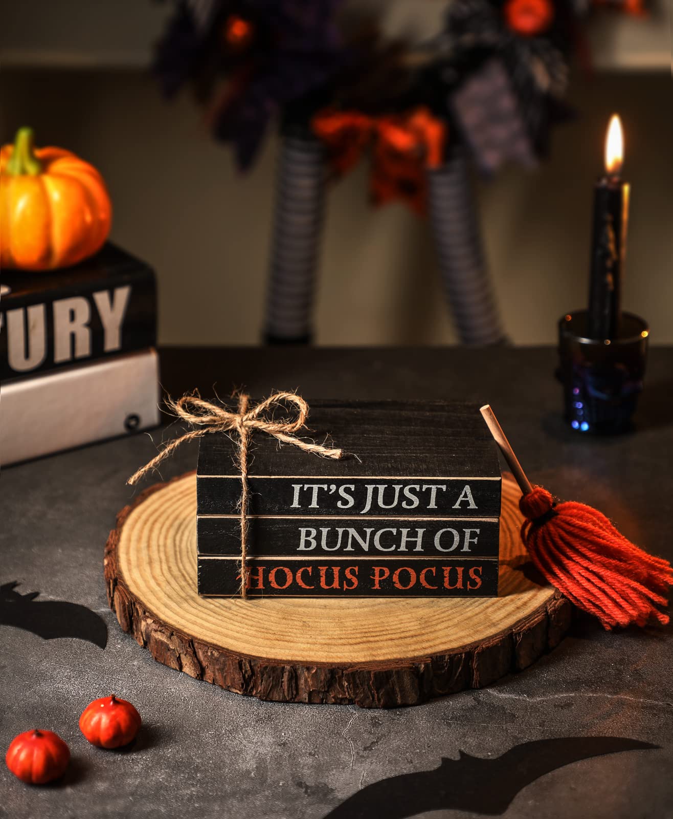 Halloween Wood Book Stack, Hocus Pocus Mini Faux Books Bundle, Halloween Tiered Tray Decor for Home Table Mantle Shelf