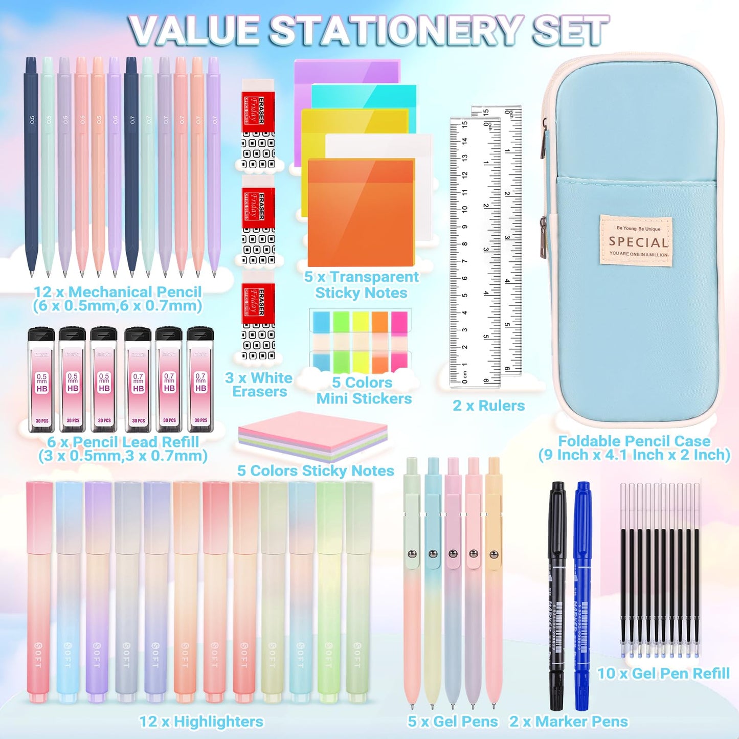 60 Pcs Aesthetic School Supplies with Large Capacity Pencil Case, 5 Quick Dry Black Ink Gel Pens, 12 Color Pastel Highlighters, 6 Mechanical Pencil Set 0.5 & 0.7 mm, 7 Multi-Color Index Sticker-Blue