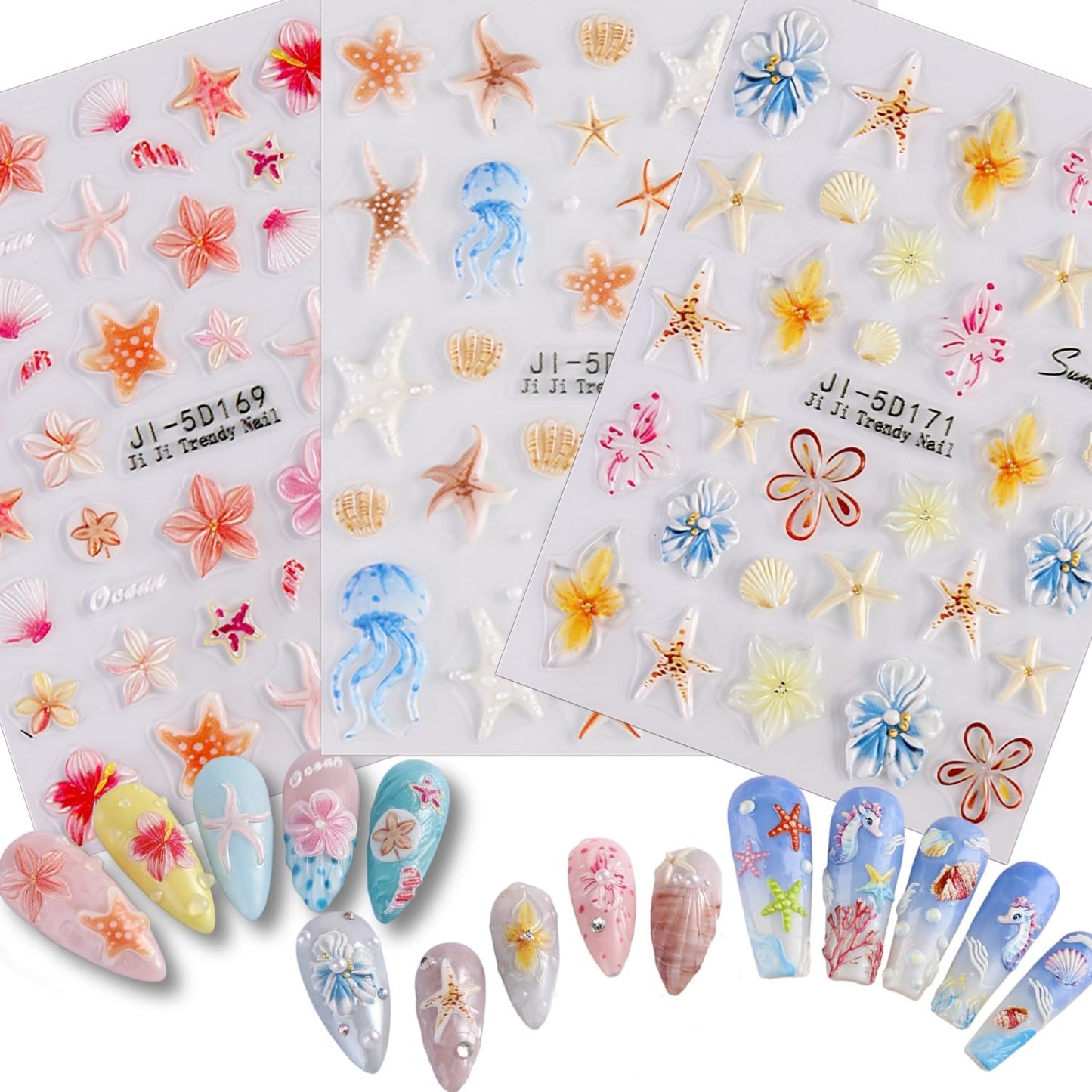 SIMAYKUWA Summer Ocean Nail Stickers | 3D/5D Ice Flower Press-on Designs | Waterproof Nail Art for Beach & Pool Parties | European & American Styles A Set of 3 Sheets