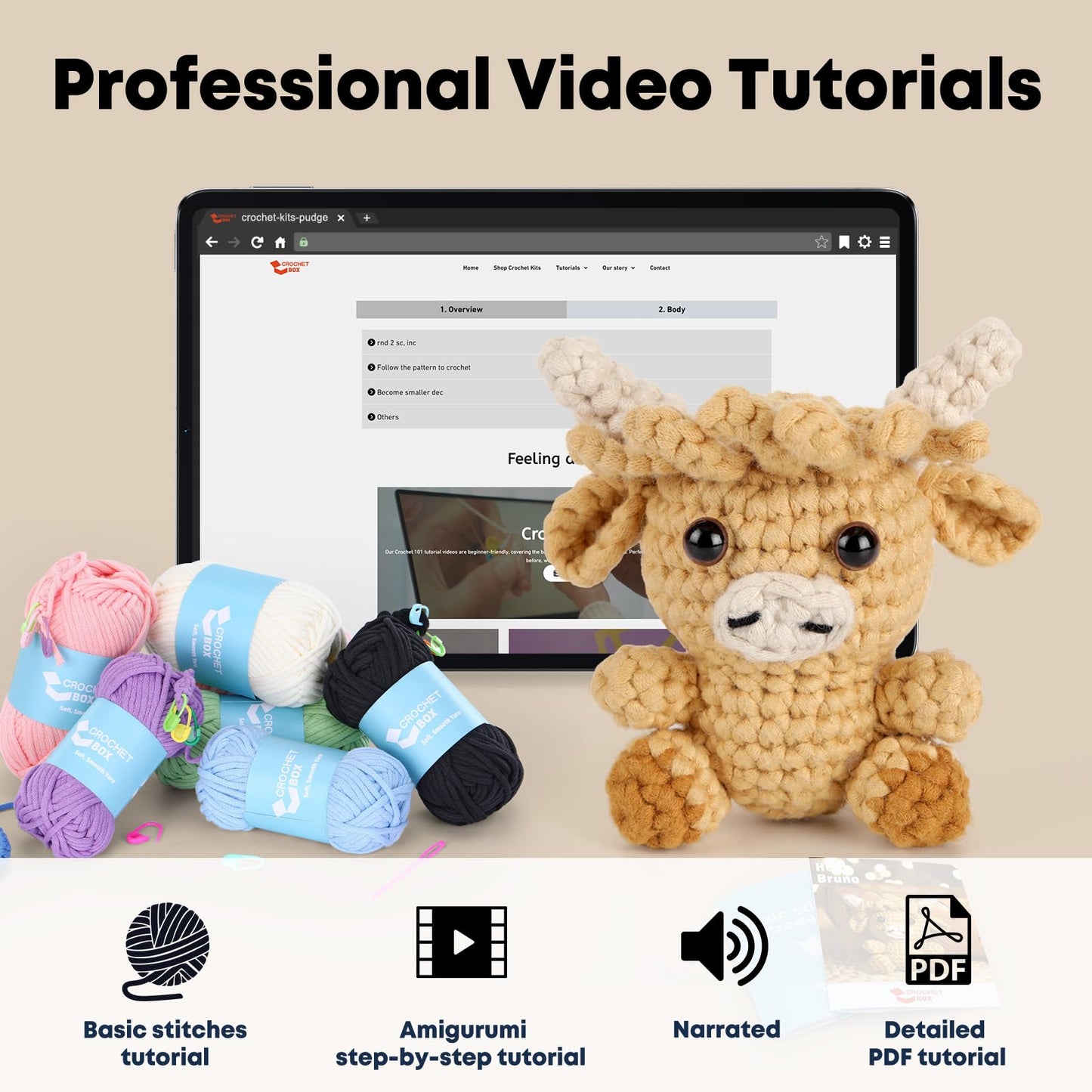 CrochetBox Crochet Kit for Beginners, Highland Cow Easy Animals Starter Set for Adults and Teen (), Knitting Kit with Yarn, Hook, Video Tutorial(30%+ Yarn)