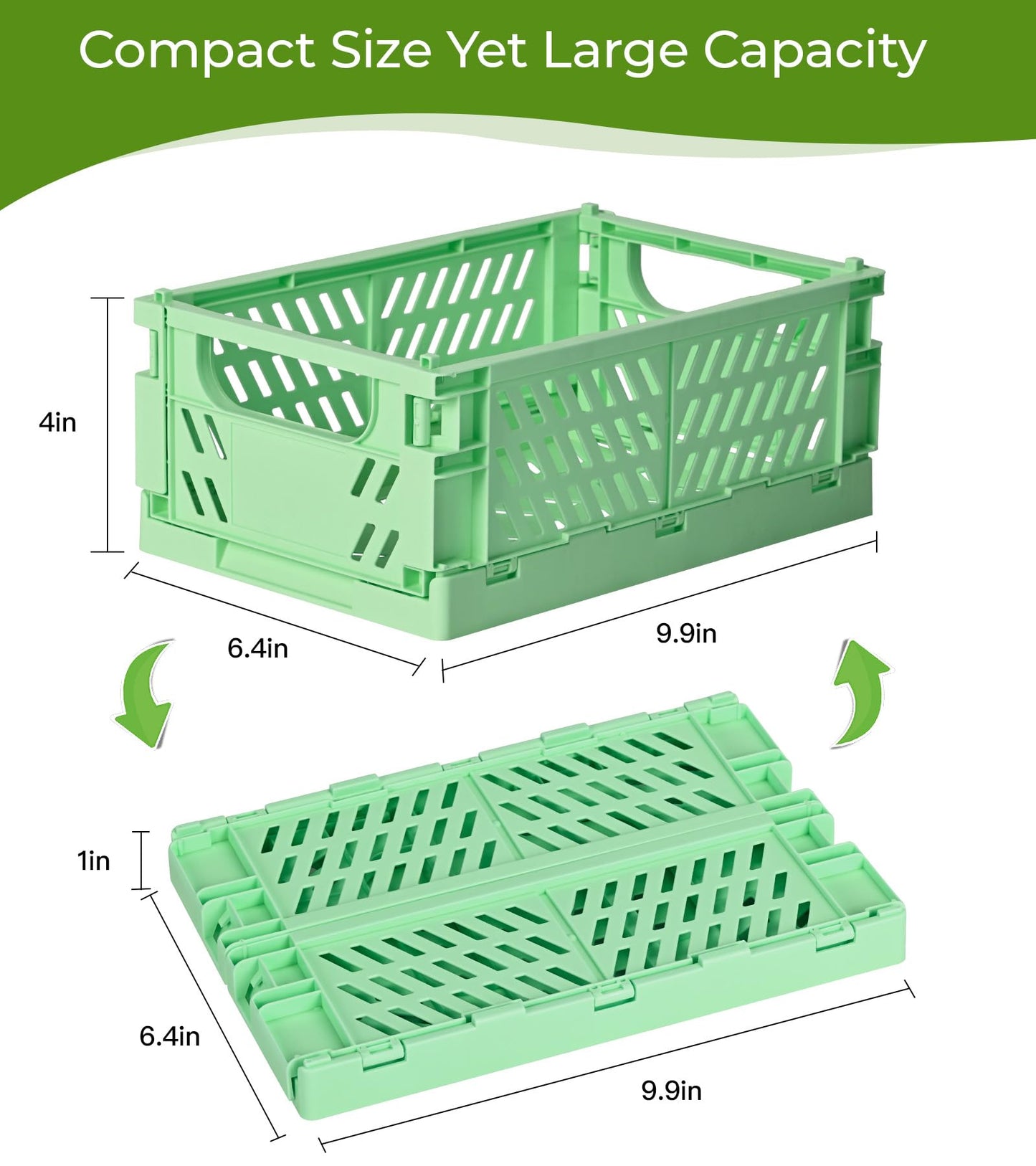 HUUSMOT 4-Pack Small Pastel Plastic Storage Baskets, Collapsible Crates for Organizing, Space-Saving Mini Bins for Classroom, Kitchen, Office, Bedroom (Green, 9.8" x 6.5" x 3.8")