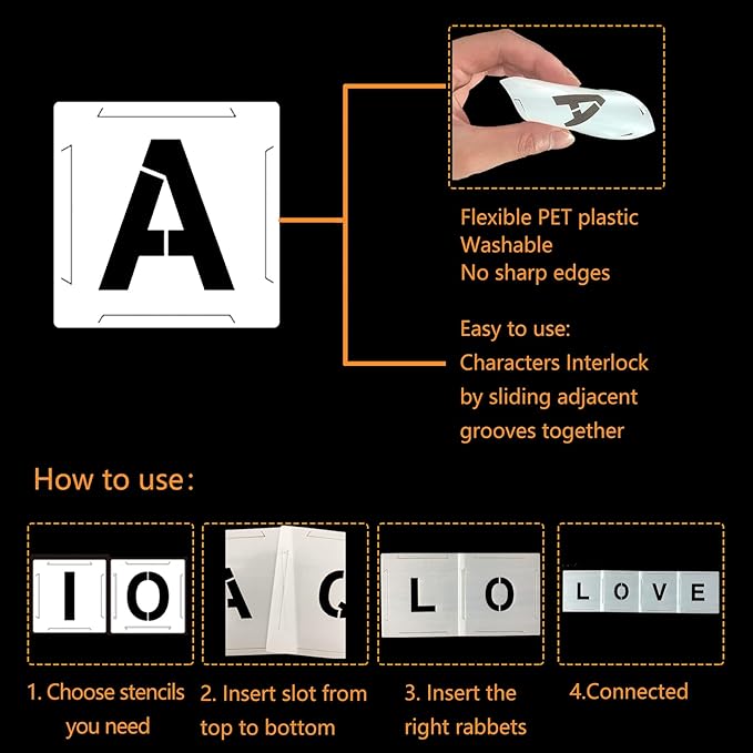 Mossdecal 62pcs Letter Stencils and Numbers 1 Inch, Small Reusable Alphabet Templates Interlocking Stencil Kit for Painting on Wood, Wall, Fabric, Rock, Chalkboard, Sign, Art Craft Stencils