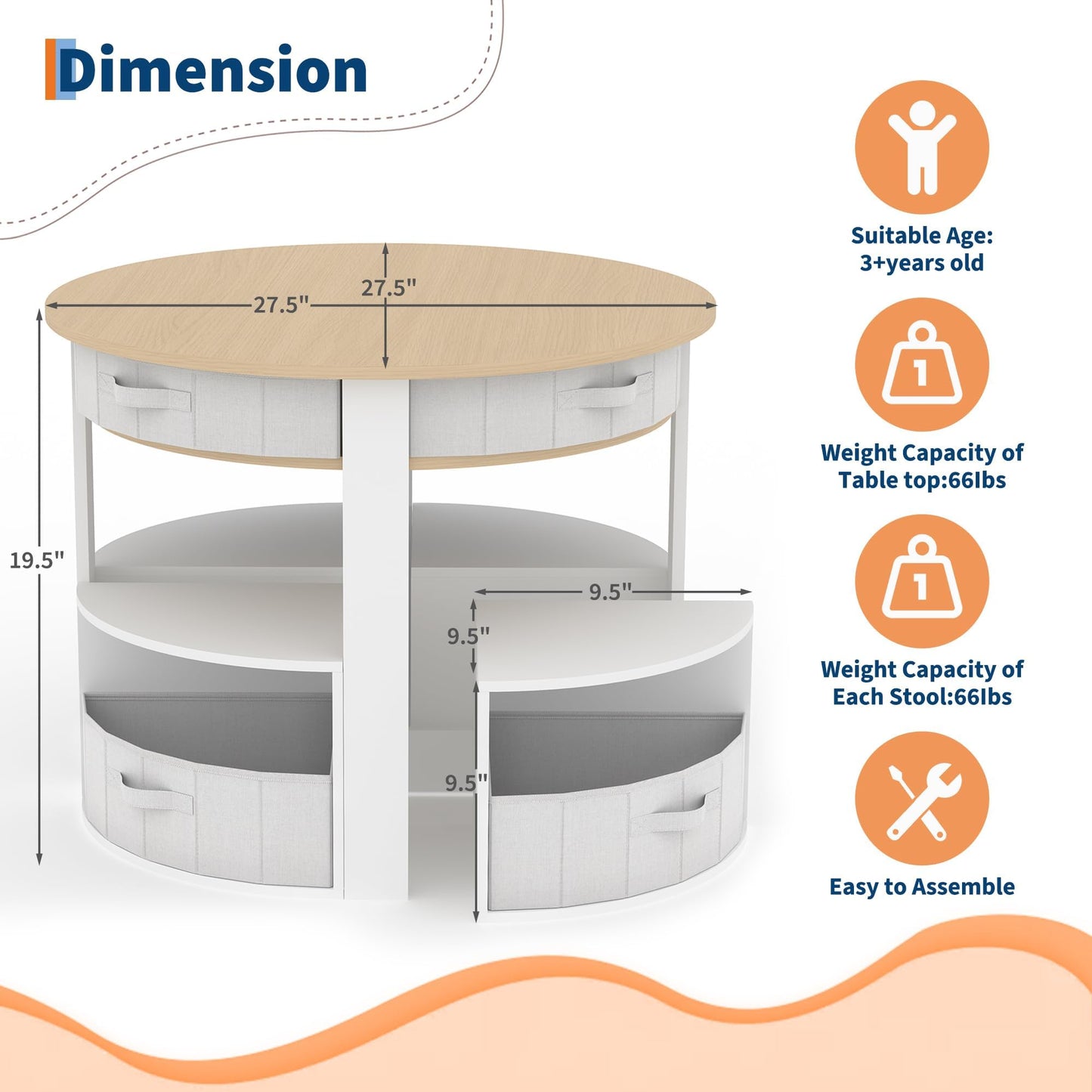 Kids Table and Chair Set, 5 Pieces Wooden Round Nesting Design Children Multi-Activity Table With 4 Storage Stools & 4 Fabric Drawers, Toddler Table and Chair Set for Play/Art/Reading/Craft