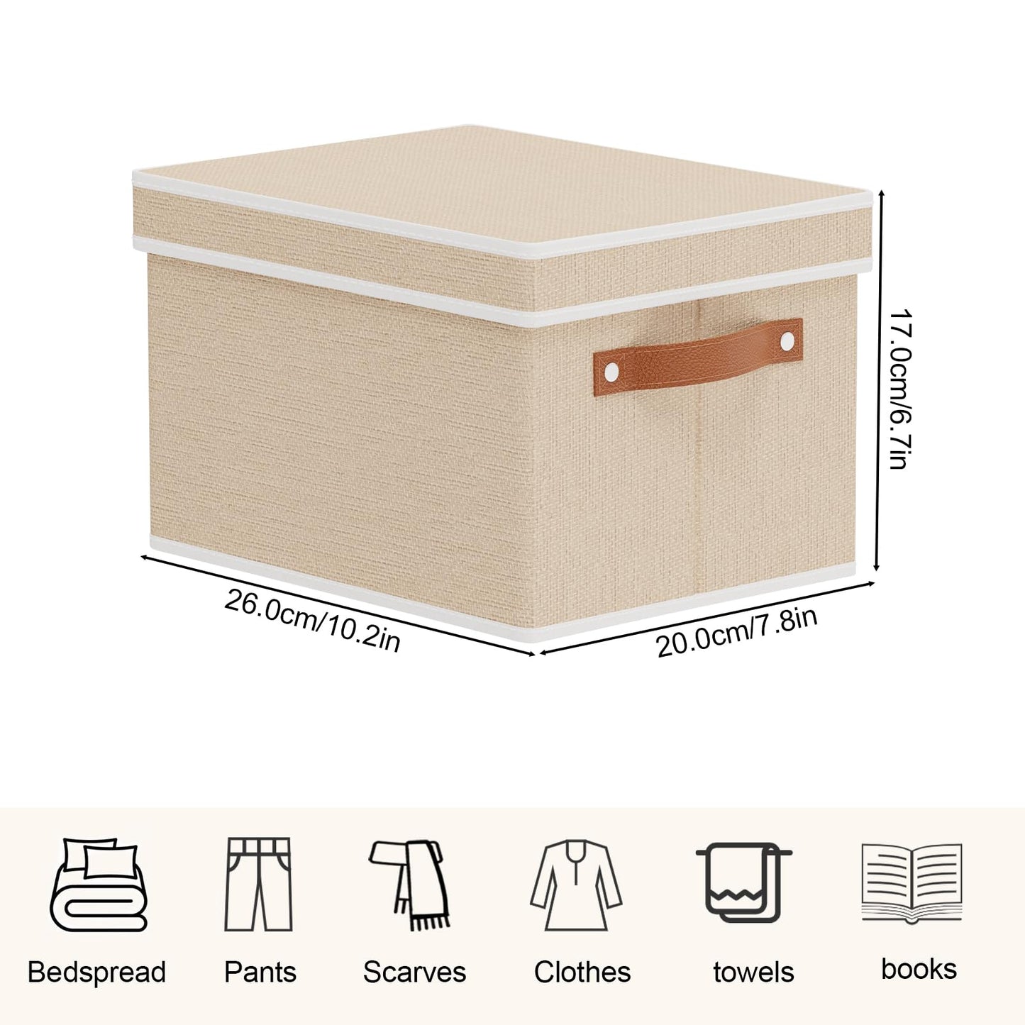 YheenLf Storage Boxes with Lids, 10.2×7.8×6.7 Inch Storage Baskets, Closet Organizers for Shelves Organizing with Handles, Beige, 5-Pack