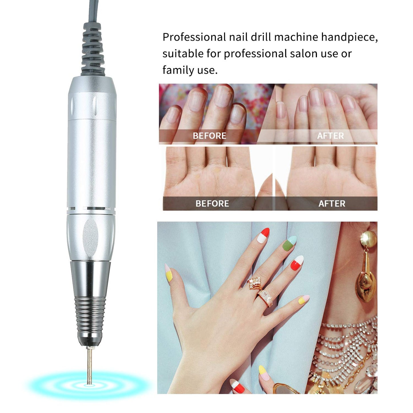 Sunydog Professional Electric Nail Art Drill Pen Handle File Polish Grind Machine Handpiece Manicure Pedicure Tool Nail Art Accessories Sliver