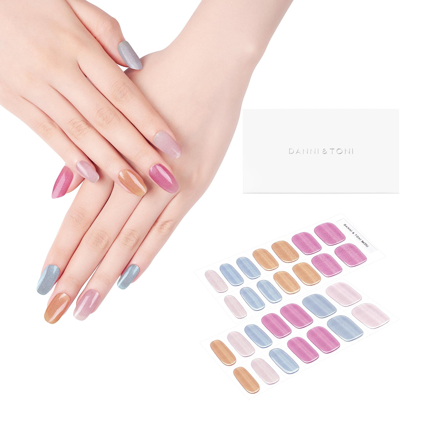 DANNI & TONI Semi Cured Gel Nail Strips Multicolor (Prism Blush) Cat Eye Accent Nails Summer Gel Nail Wraps 28 Stickers