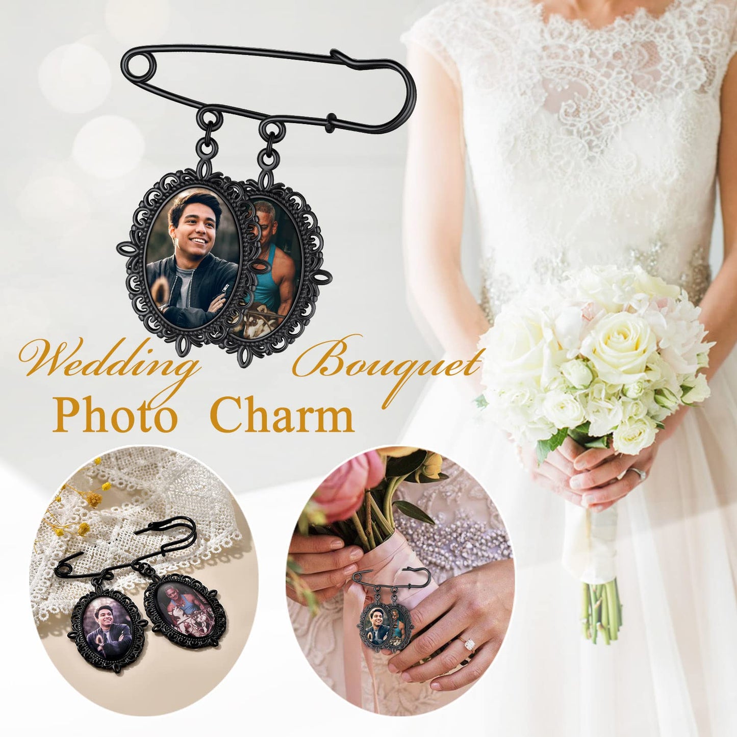 Custom4U Bridal Bouquet Photo Charms Customized Memory Oval Charm for Wedding Funeral Boutonniere Pictures Brooch Pins