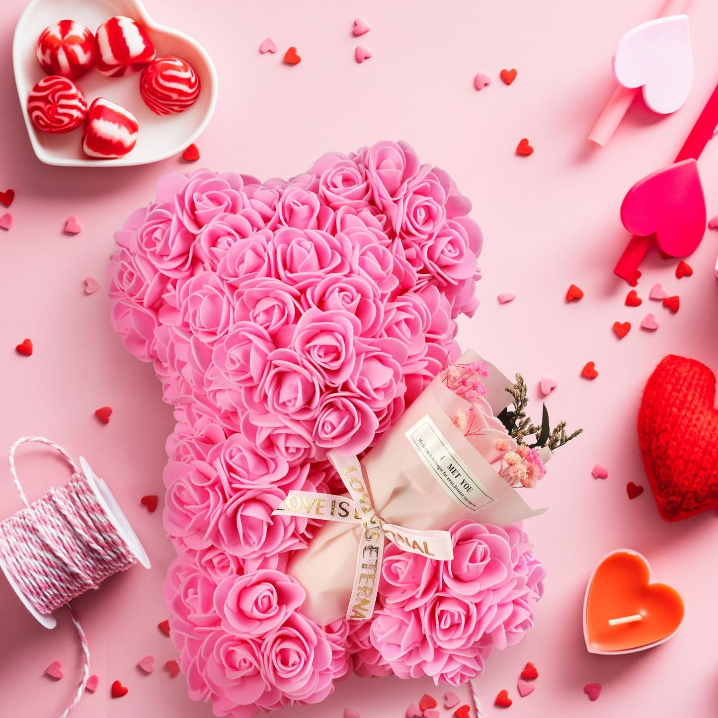 K KYMAKE Mothers Day Rose Gifts for Mom Rose Bear Pink Teddy Bear Birthday Gifts for Women Wife Daughter Girlfriend,Flower Bear with Rose Bouquet and I Love You Necklace