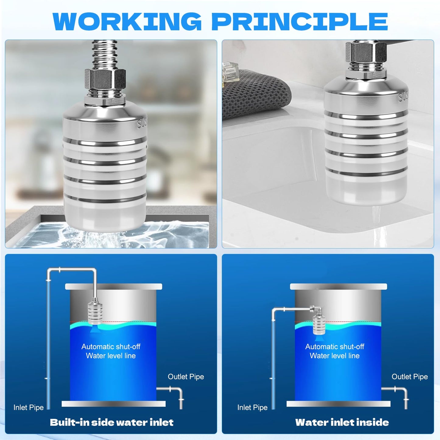 2 PCS Float Valve with 1/2", 3/4", 1" Adapters -304 Stainless Steel Water Float Valve Fully Automatic Water Level Control for Water Tanks, Aquariums, Livestock Troughs,Pools,Distillers & Ponds