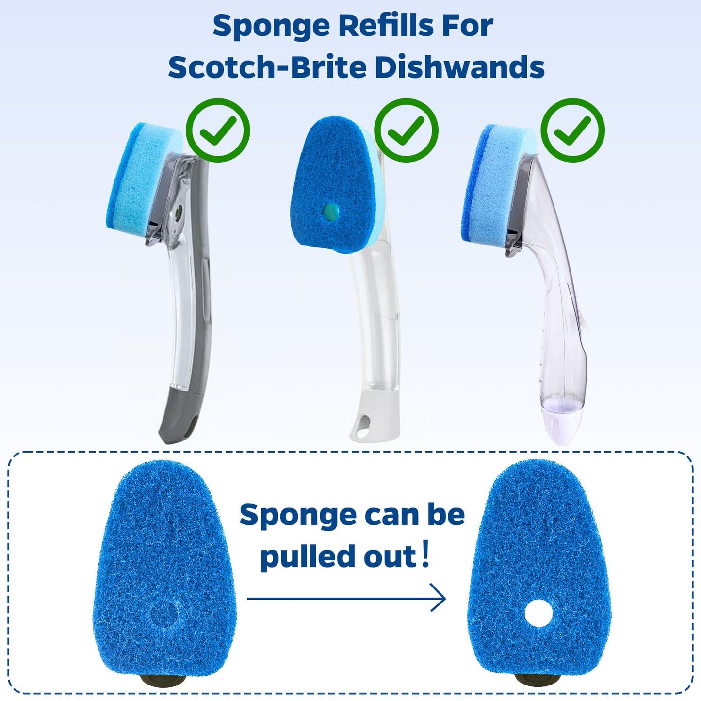 Sponge Dishwand Brush Refills for Scotch-Brite Dishwand - 10 Pack Dish Soap Non-Scratch Brush Refills for Nonstick Pots and Pans, Glass & Tubs（Blue）