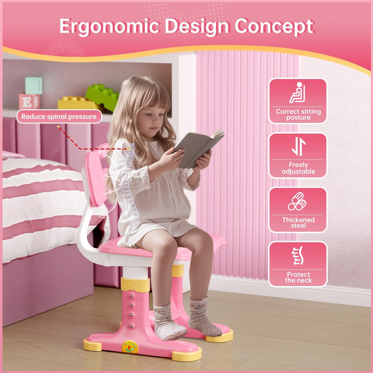 Xaperexi Kids Desk and Chair Set, Height Adjustable Child's School Study Writing Tables, Kids Desk with Bookstand and Storage Drawer, Widened Desktop with Desktop for Boys and Girls