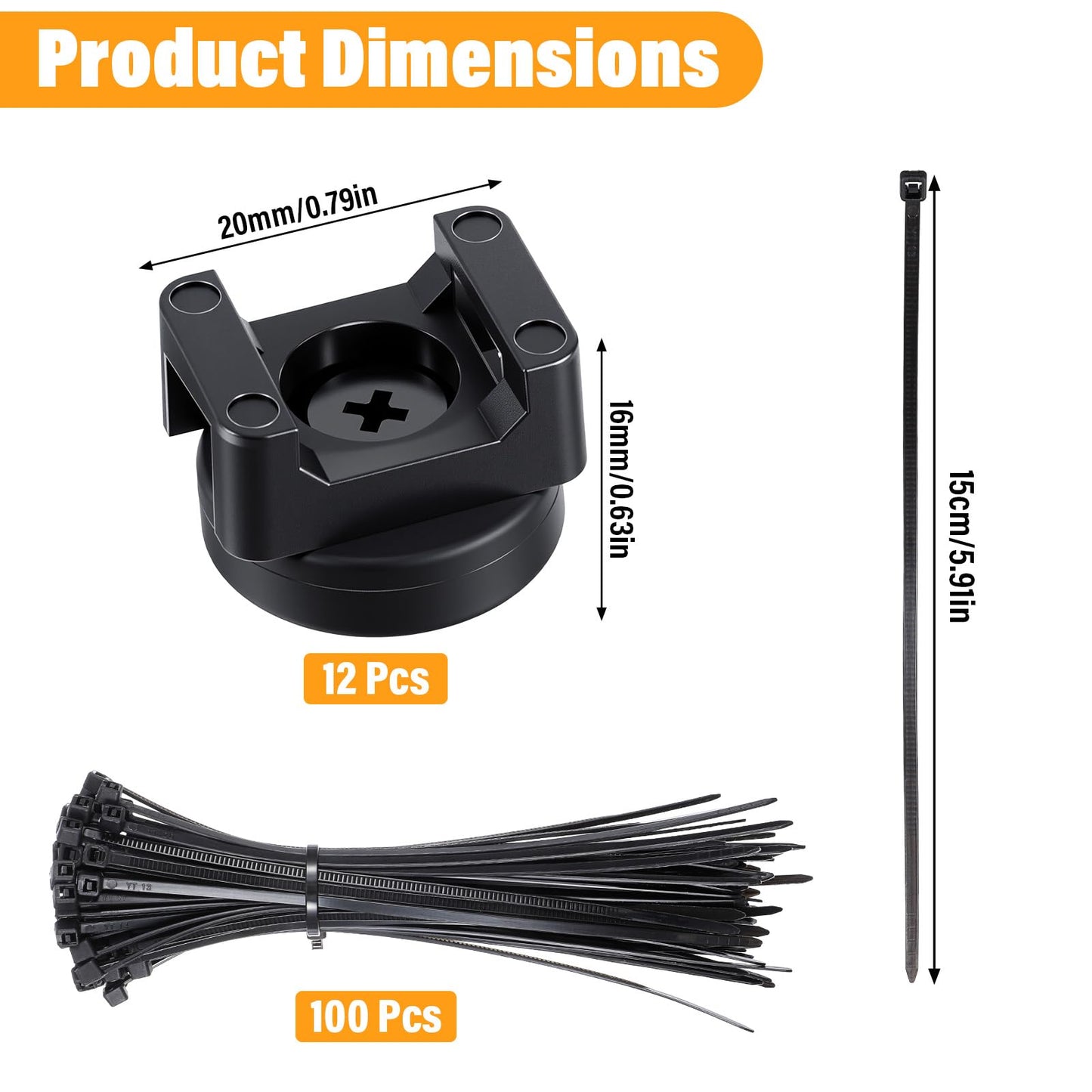 112 Pieces Magnetic Cable Zip Tie Mounts, 12 Pcs Magnets with 100 Pcs Cable Zip Ties, Multipurpose Magnetic Cables Holder for Cables Management, Wire Management Bases