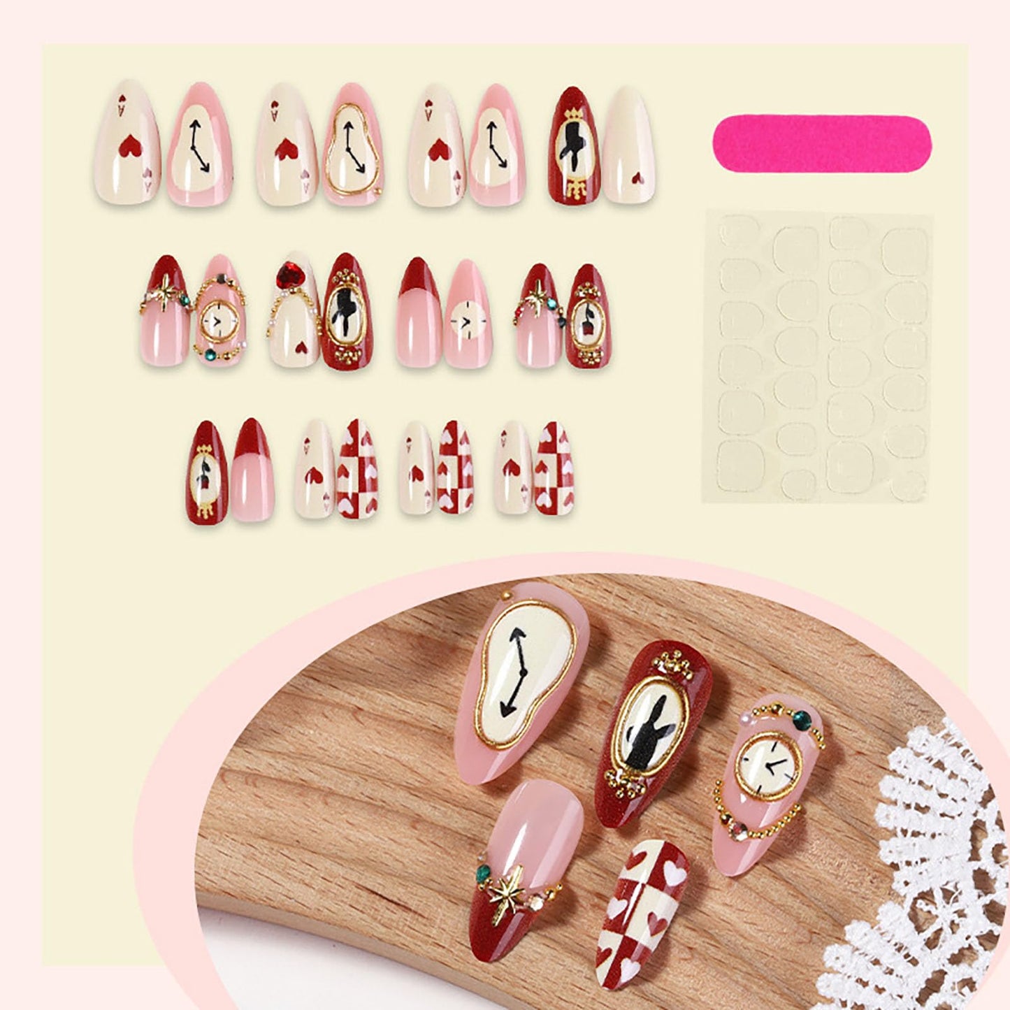 RUOKEXIN Almond Press on Nails Medium Fake Nails Heart False Nails with Rhinestones Designs Handmade Nail Press ons Sparkly Artificial Nails for Women 24Pcs