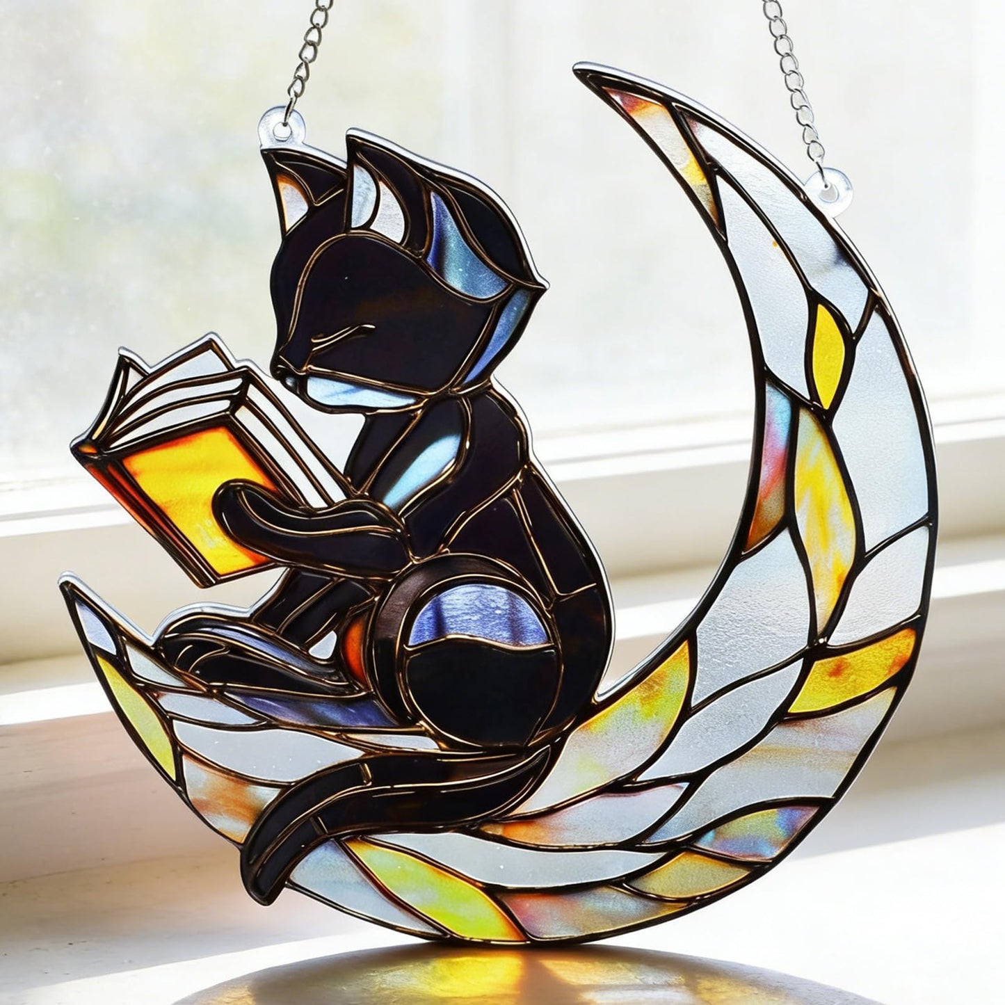 EOBROMD Stained Glass Window Hanging Suncatcher, Black Cat and Moon Double Side Glass Panel Sun Catchers, Handmade Decor Birthday Gifts for Women, Men, Mom, Couples and Lovers 7.8x7.8 inch