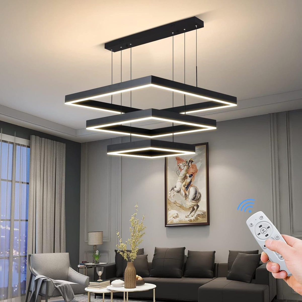 Modern LED Square Chandelier, 3 Ring Dimmable for Living, Dining, Bedroom & Foyer - High Ceiling Hanging LED Pendant Light Fixture (Black)