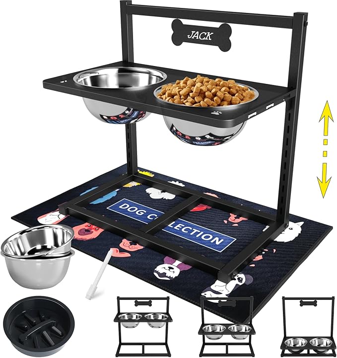 ADENGL Elevated Dog Bowls with Slow Feeder Dog Bowls, 5 Height Adjustable Raised Bowl Stand with 2 Stainless Steel Food & Water Container, Pet Bowl Elevated for Medium Large Pet