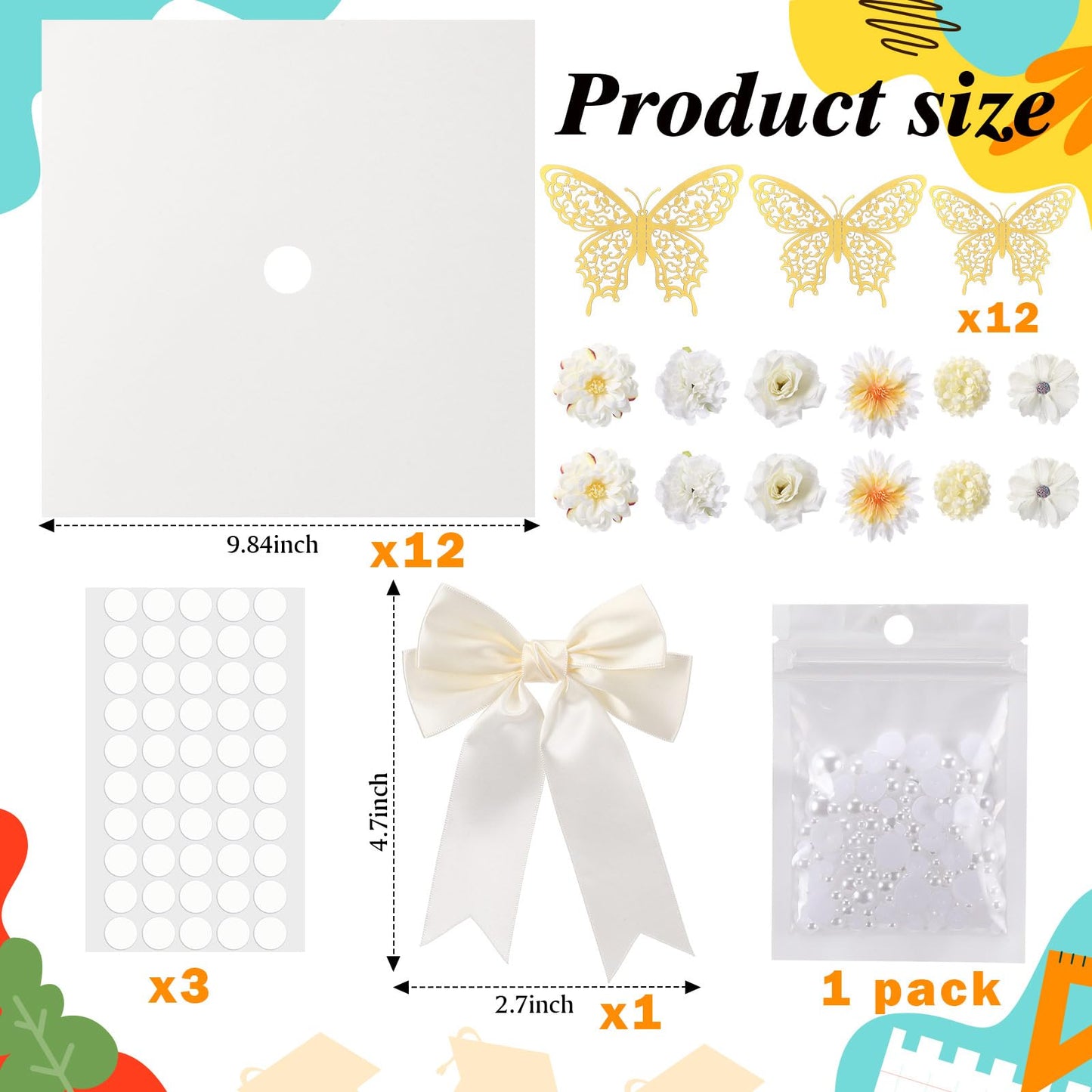 MotiMind 41 Pcs Beige DIY Graduation Cap Decoration Kit, Grad Cap Decorations Grad Hat Topper Faux Assorted Flowers Bows 3D Cream Construction Paper Butterfly Stickers Pearl Adhesive Dots