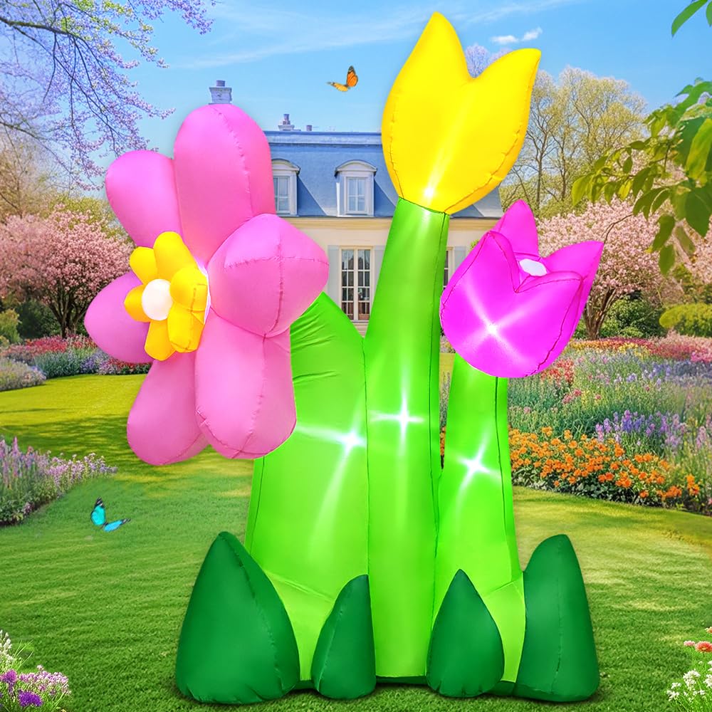 6FT Spring Easter Inflatable Flowers Outdoor Decoration Inflatables 3 Flowers Blow Up Inflatable Decoration Built-in LED Lights for Spring Easter Holiday Garden Lawn Party