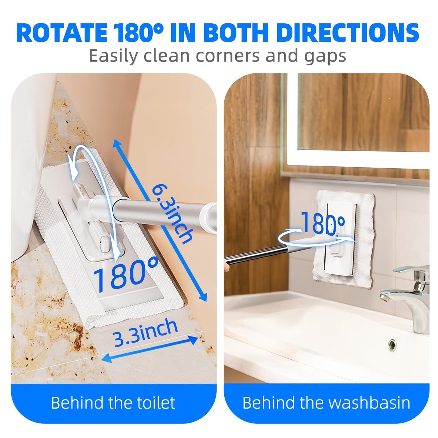 Press Grip Mini Mop, Zero-Touch Gap Dust Cleaner with 39in Lazy Mop & Hands-Free Lock Head, Disposable Dust Mop for House Wall Bathroom Toilet Corners Multi Surface Cleaning with 5 Cloths