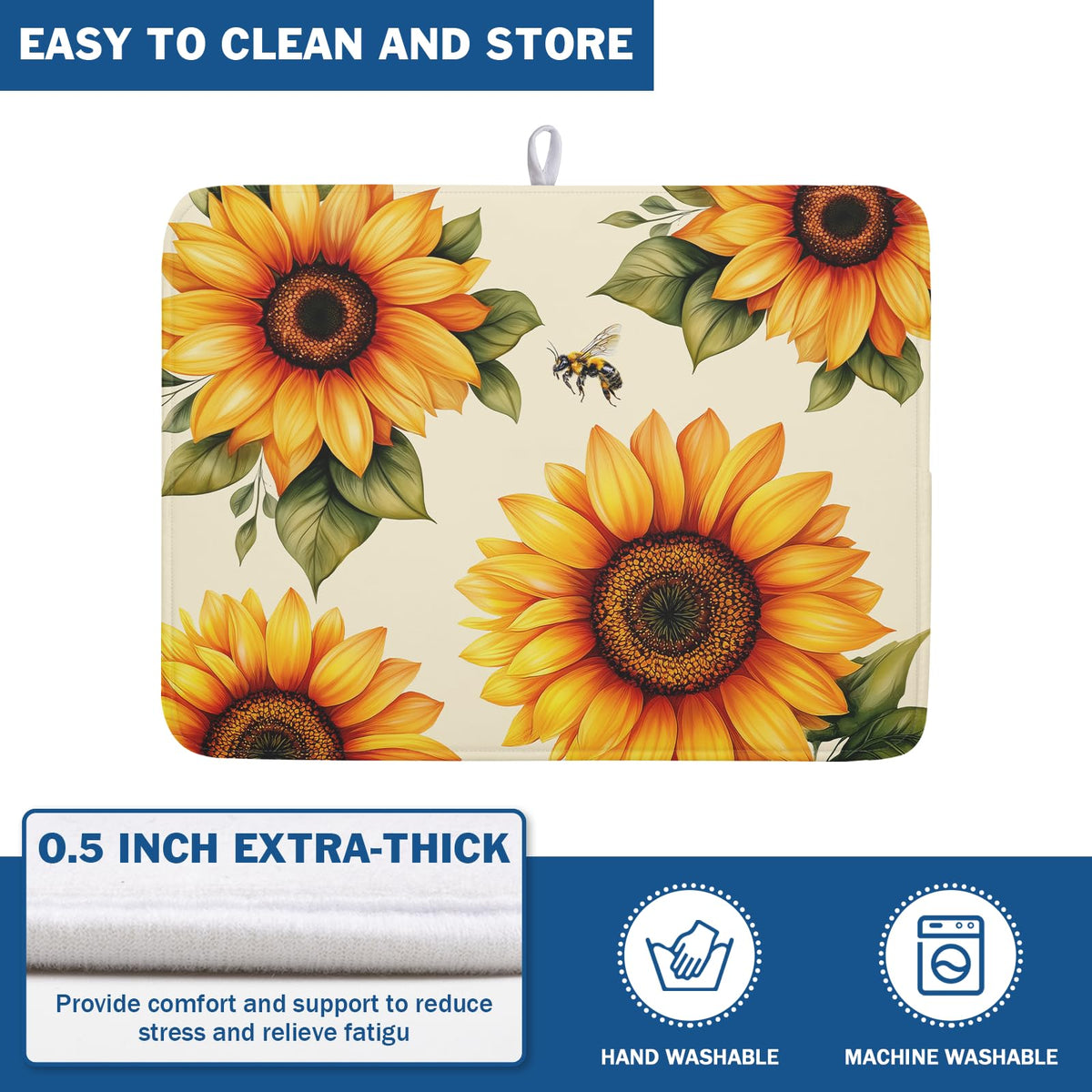 Sunflower Dish Drying Mat 18x24 Inch Absorbent Reversible Summer Drying Mat Sunflower Bee Dish Drying Rack Mat Yellow Summer Themed Dish Drainer Mat for Kitchen Counter Coffee Bar