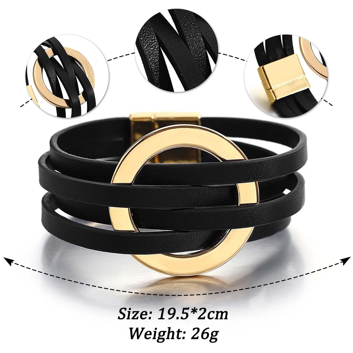 Leopard Bracelet for Women, Boho Leather Wrap Multi-Layer Pearl Crystal Bracelet Bangle Jewelry(Leather Circle(Black))