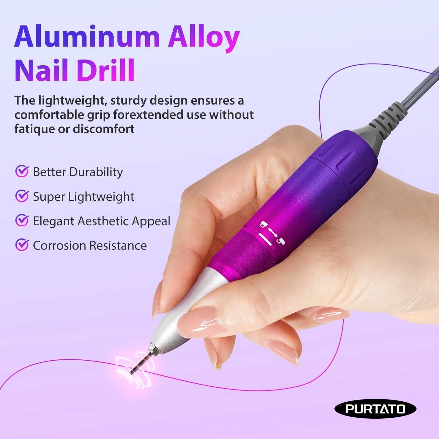 PURTATO Professional Nail Drill 40,000 RPM, Rechargeable,LCD Display E File Machine for Acrylic Nails Gel Polishing Removing Portable Nails Efile Tools for Manicure Salon & Home (Blue&Purple)