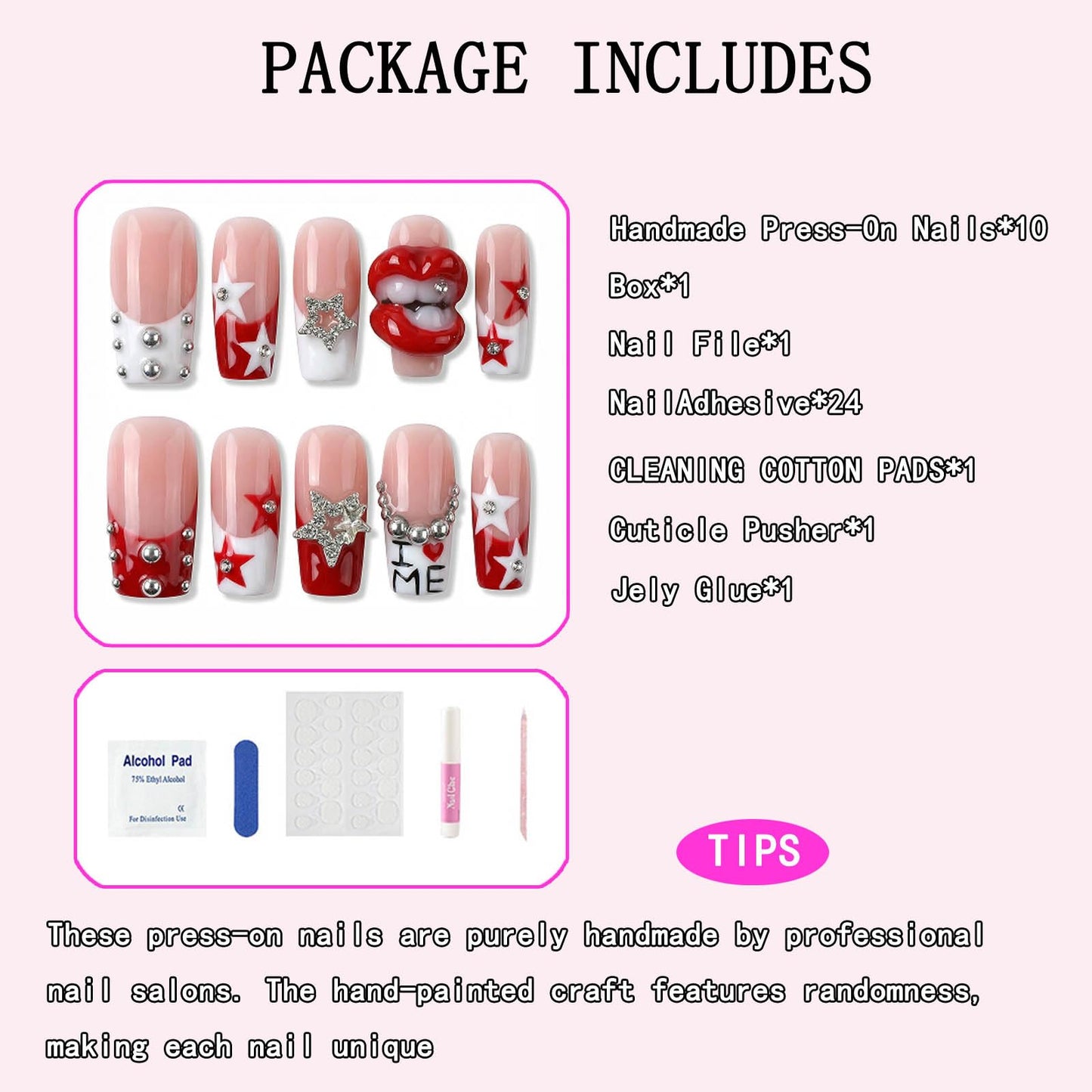 Medium Square Handmade Press on Nails Red White Star & 3D Lips Embellishment Luxury Thick Acrylic Fake Nails 3D Rhinestone Nails Press Ons Stick on Nail for Women 10Pcs (Size M)