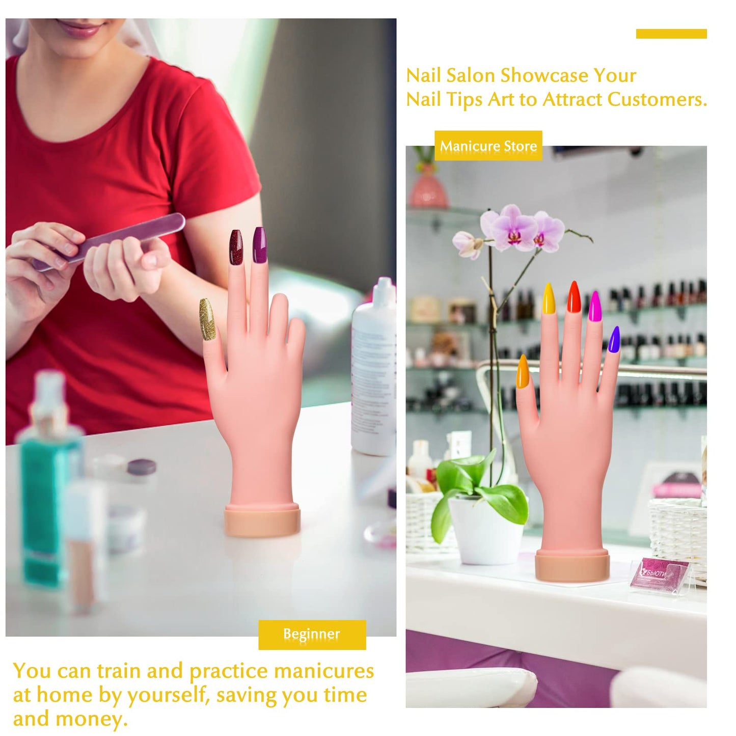 2 Pack Practice Nail Tips Art Trainer Training Hand Tool and 1 Pair Practice Fake Foot Model Flexible Soft Silicone Prosthetic Manicure Tool for Nail Tips Art Training