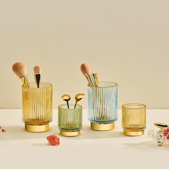 Makeup Brush Holder Organizer,Toothbrush Holders,Desk Pen Pencil Holder,Multifunctional Vintage Glass Brush Cup（S+L/Blue/A3-3-US）