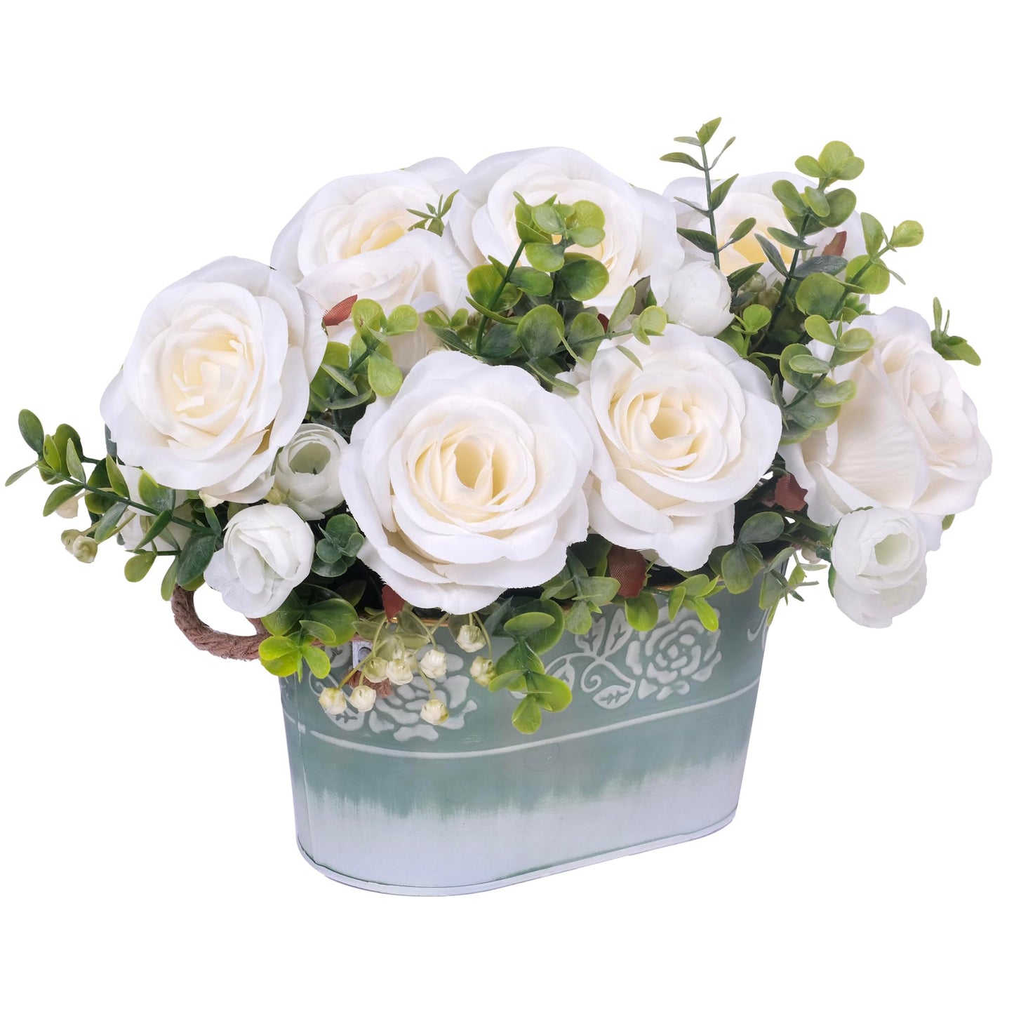 Artificial Rose Flower Arrangement for Table Centerpiece, Farmhouse White Silk Flowers with Eucalyptus in Rustic Galvanized Metal Po Faux Floral Centerpiece for Dining Table, Home, Office Décor