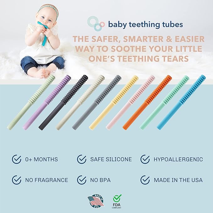 Baby Teething Tubes - Made in The USA Baby Teething Toys - Soft & Durable Infant Toys and Toddler Silicone Teether - 7 Inches, Teal - Baby Must Haves for Teething Relief - Food Safe & Easy to Clean