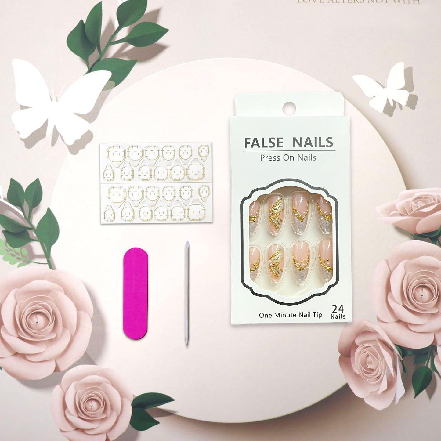Gold Irregular Pattern Press on Nails Glitter French Tip Fake Nails with Pearl Design Long Almond False Acrylic Nail Glossy Full Cover Artificial Glue on Nail for Women DIY Manicure