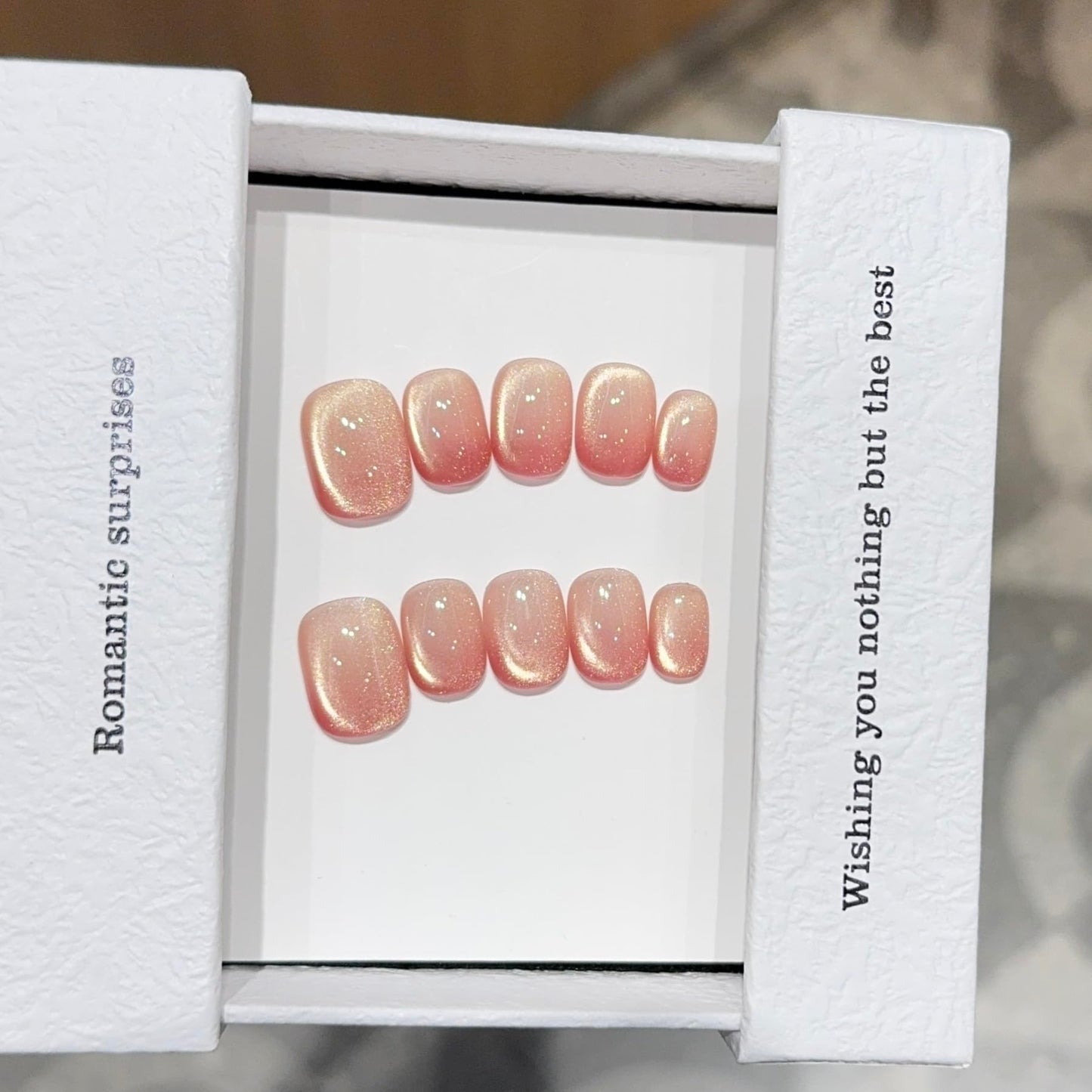 Sheer Nude Pink Cat Eye Press On Nails, Glitter Infused Short Squoval Fake Nails, Reusable Manicure Set (L)