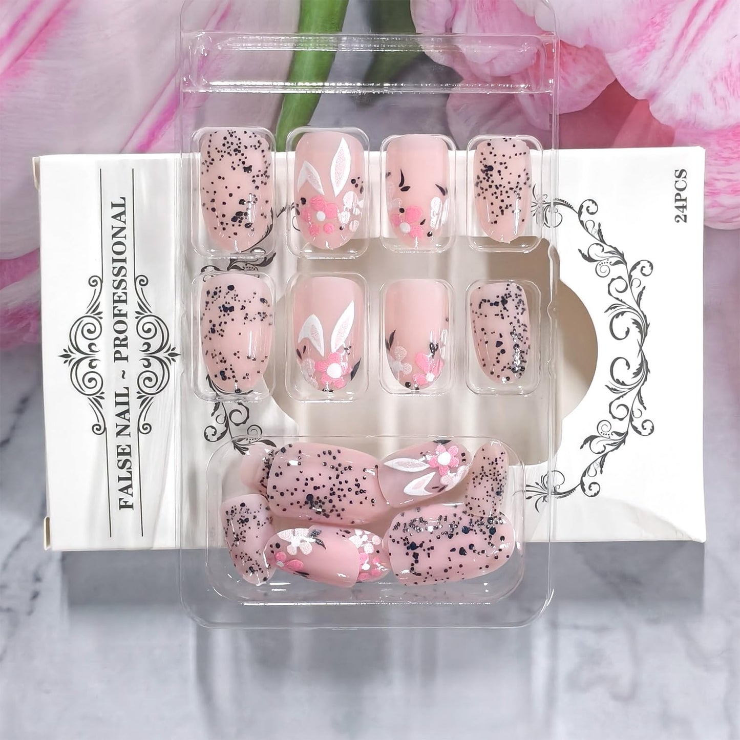 24Pcs Spring Pink Flowers Easter Press on Nails Short Oval Artificial Acrylic False Nails Floral Rabbit Design Full Cover Glossy Stick on Nail Artificial Fingernails for Women Festival Manicure