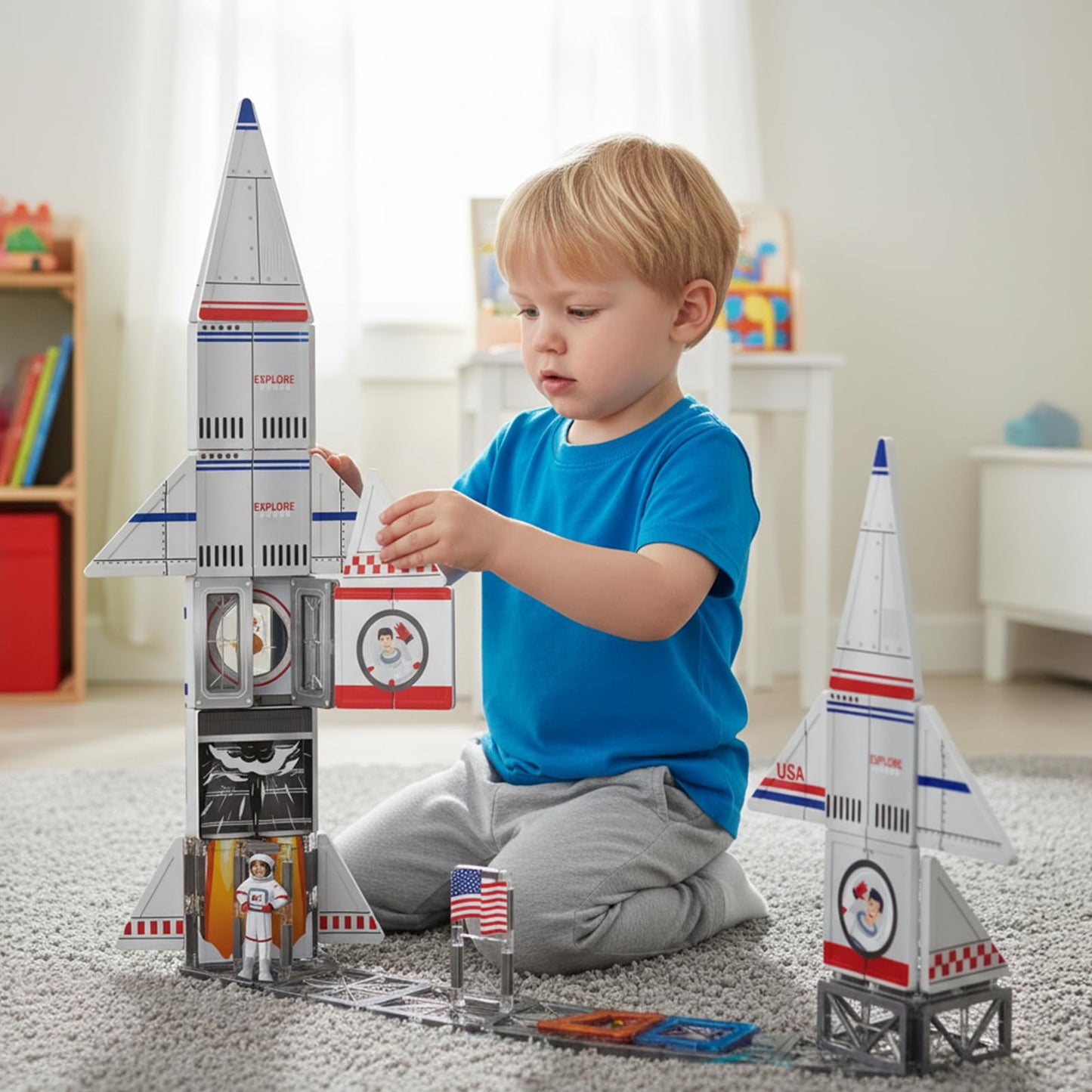AFUNX Magnetic Tiles Space Rocket Set,46 PCS Magnetic Building Blocks for Kids 3+, STEM Learning Toys, Safe & Durable Creative Construction Play, Gift for Boys & Girls