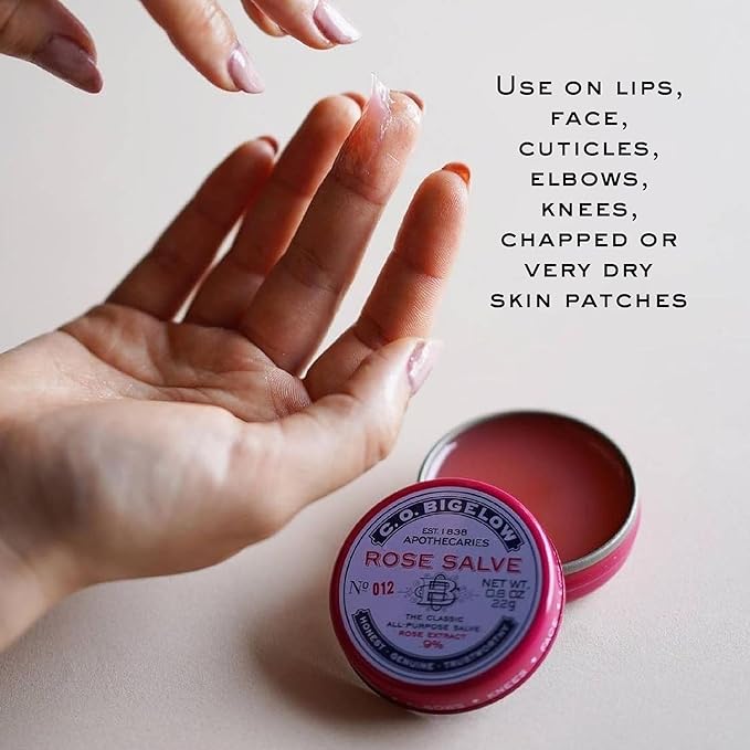 C.O. Bigelow Rose Salve Tins, Pack of 3 Lip Balm Tins, All Purpose Salve for Lips, Cuticles, Hands & Dry Skin, Lip Balm Set, 0.8 oz
