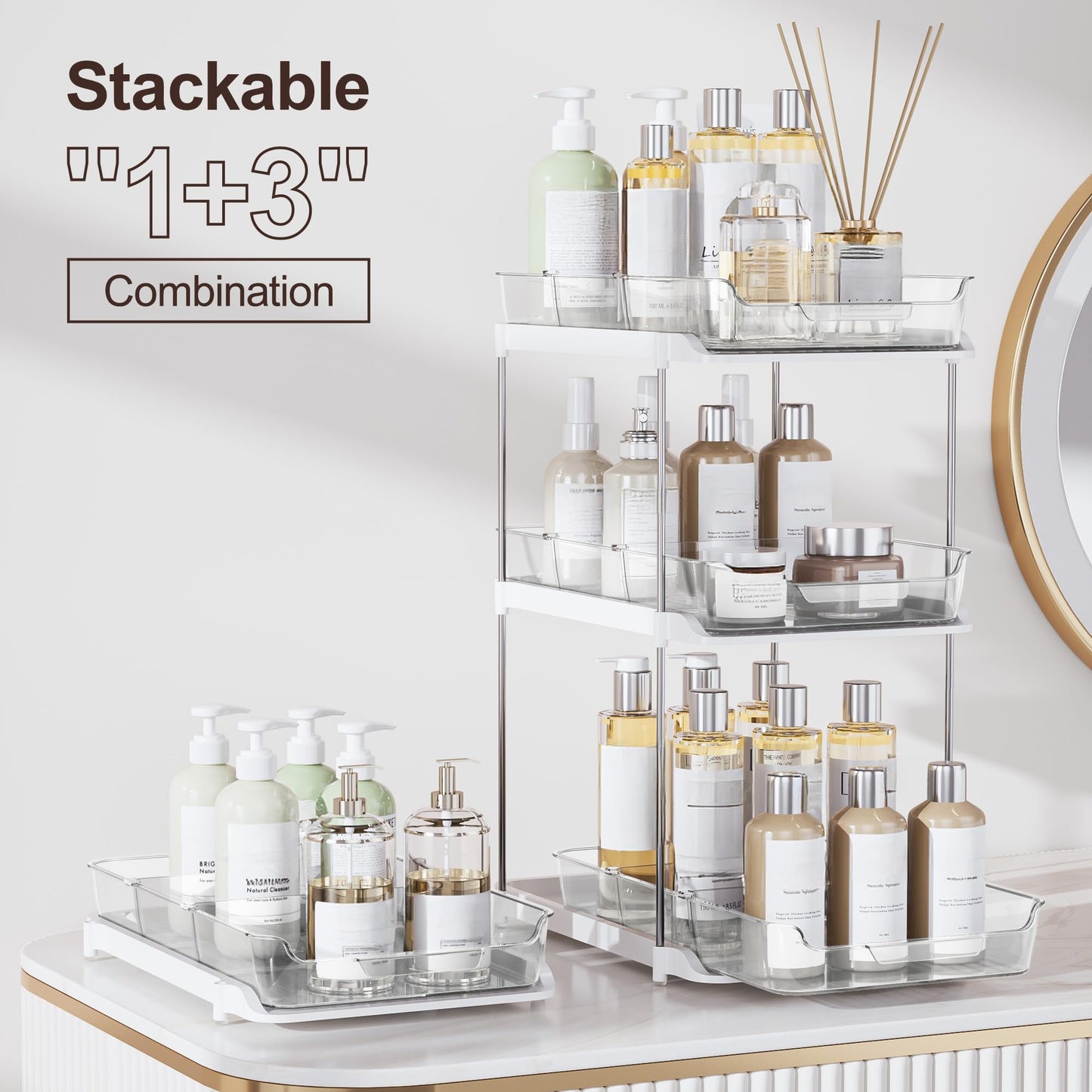 Delamu 2-Tier Multi-Purpose Bathroom Under Sink Organizers and Storage, Stackable Kitchen Pantry Organization, Pull Out Medicine Cabinet Organizer with Movable Dividers, White, 2 Pack
