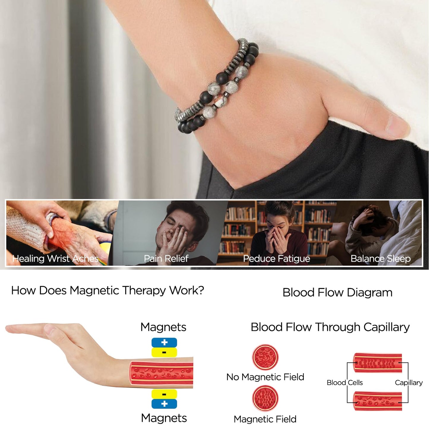STCORPS7 Gifts for Women, Gifts for Women, Magnetic Bracelet Arthritis Energy Healthy Jewelry Therapy for Sleep, Hematite Bracelet, Crystal Jewelry Bring Luck, Prosperity and Happiness