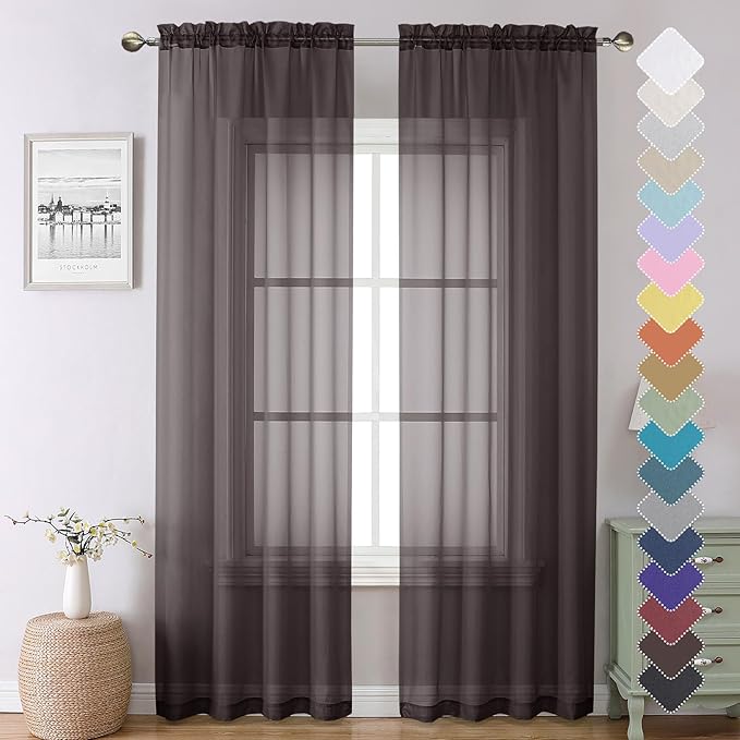 Lecloud Sheer Curtains 90 Inch Long 2 Panels, Chocolate Light Filtering Living Room Curtains Dual Rod Pocket, Airy Voile Sheer Curtain for Bedroom Large Window Treatments, Each Panel 42 X 90 Inch