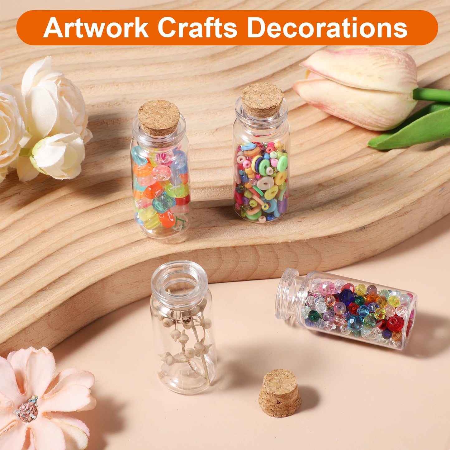 xozeooeu 120 Pack 10ml Mini Plastic Bottles with Cork Stoppers, Small Empty Clear Plastic Jars for DIY Crafts, Wedding Favors, Spice & Sample Containers, Party Decor