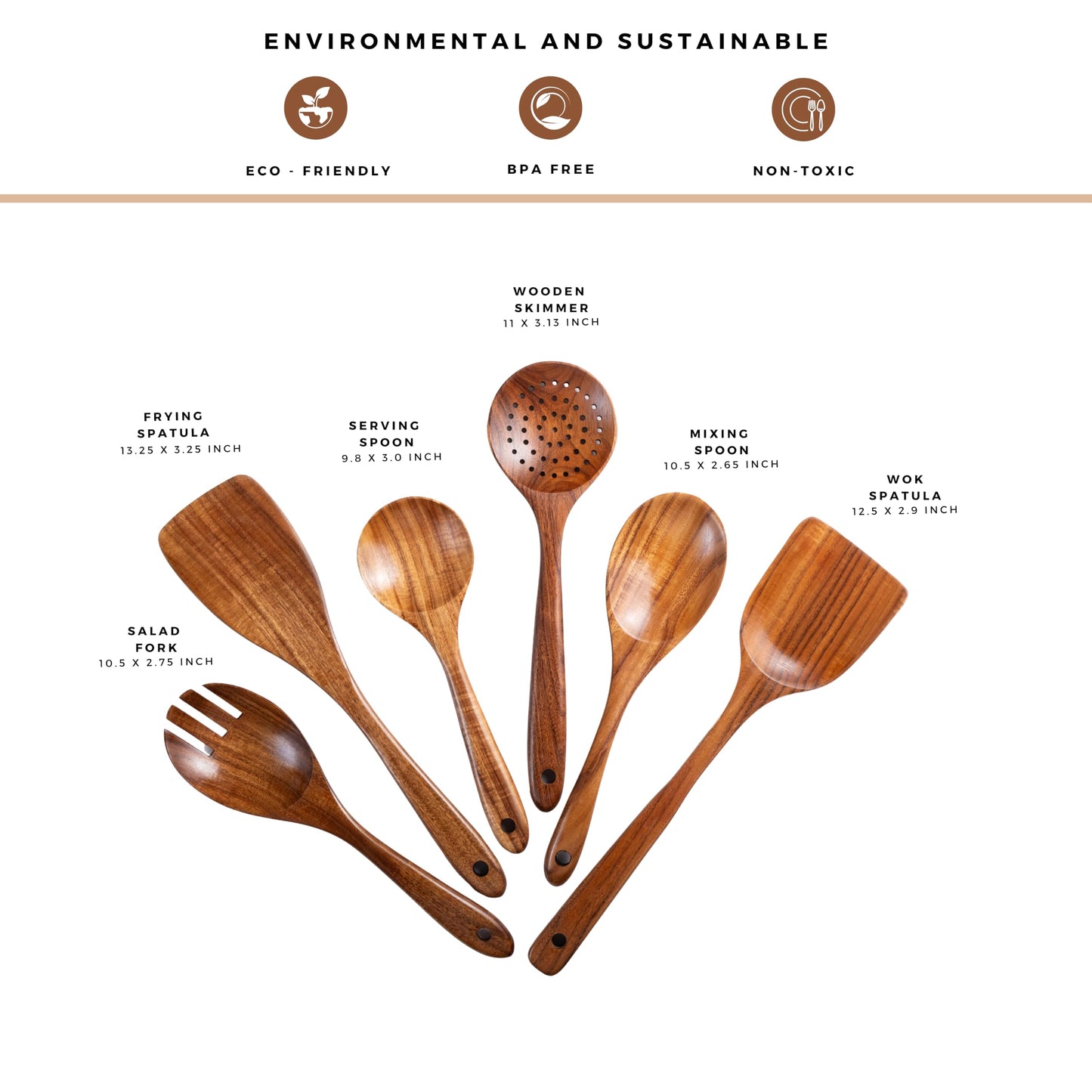 New Kitchen 6 Piece Non Toxic Wooden Spoons for Cooking - Smooth Finish Teak Kitchen Utensils Set - Non-Stick Wooden Spatula Perfect for Pasta, Mixing and Kitchen Essential and Gift