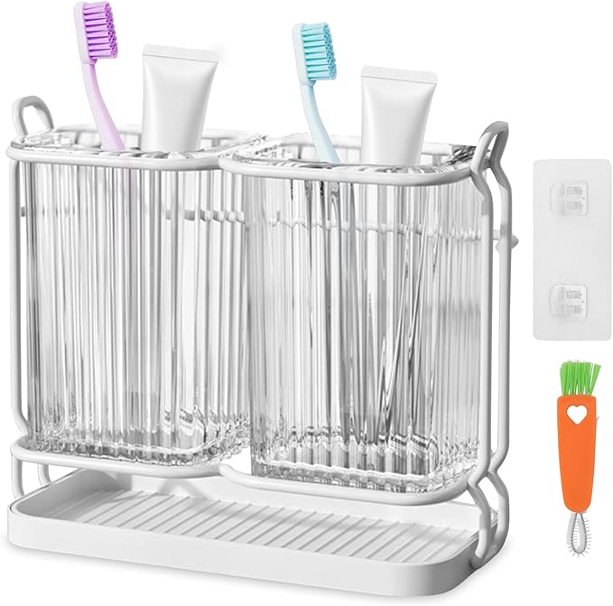 Toothbrush Holders for Bathrooms, 2 Cups Toothbrush Holders Wall Mounted, Dry & Wet Separation, Bathroom Organizers and Storage, Bathroom Toothbrush Holder Set for Family Kids (White)