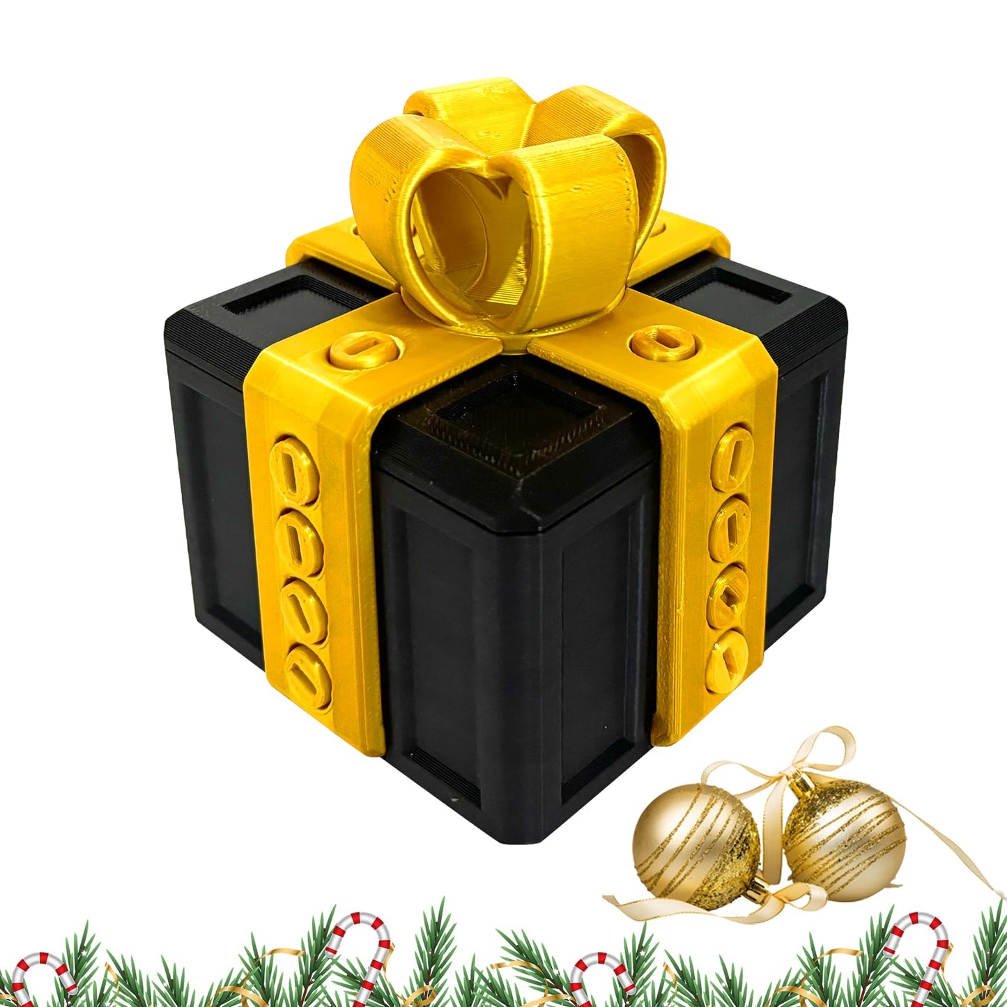 PUEEZOC Annoying Gift Box with Screws Hard to Open Gift Box Prank Gifts Funny Annoying Present Box Novelty 3D Printed Gag Gift for Christmas(Black Gold)