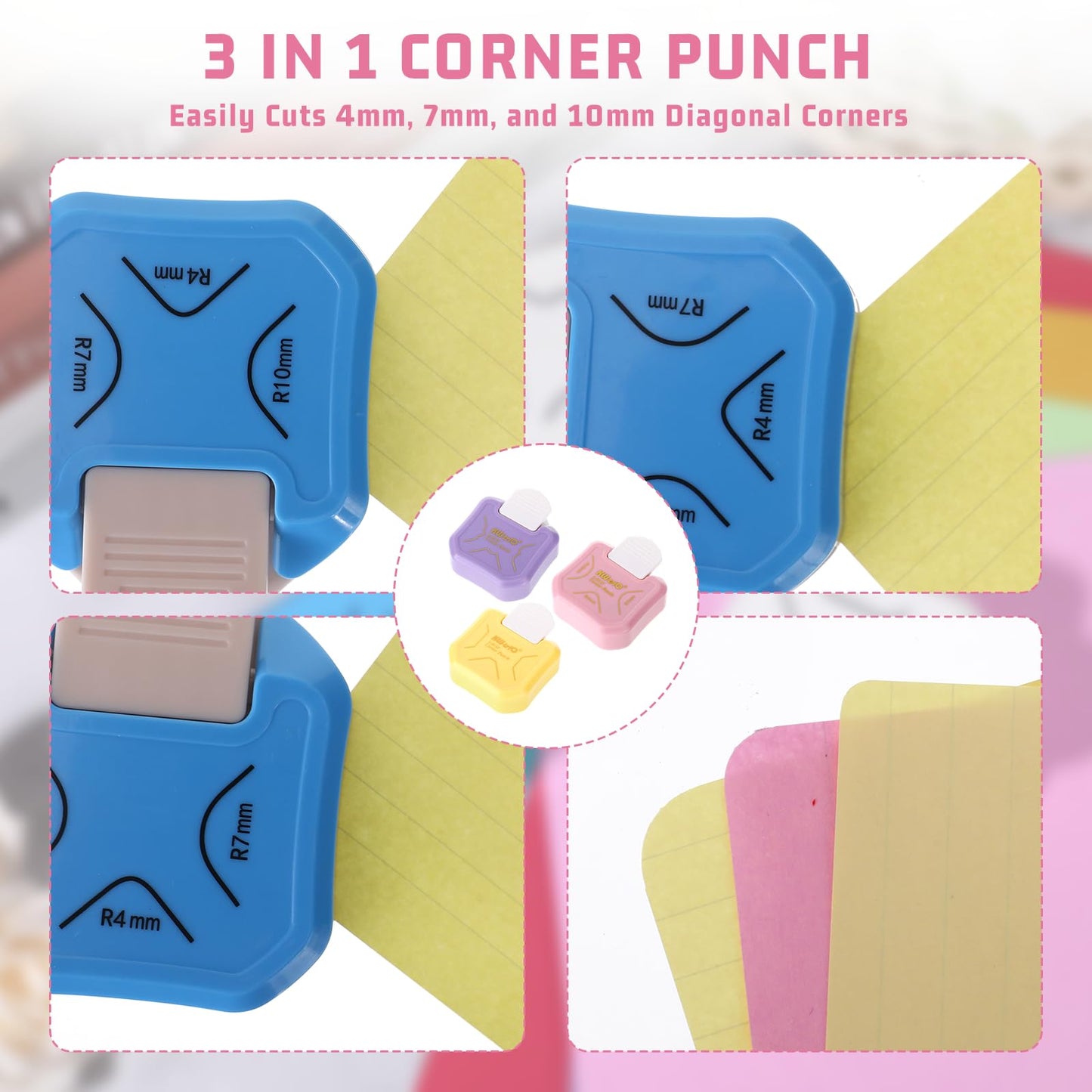 3 Pcs Corner Rounder Punch 3 in 1 Paper Corner Cutter (R4mm, R7mm, R10mm) Round Corners Cutter Rounder for Cardstock Envelope Laminate DIY Card Making Paper Crafts Scrapbook Supplies