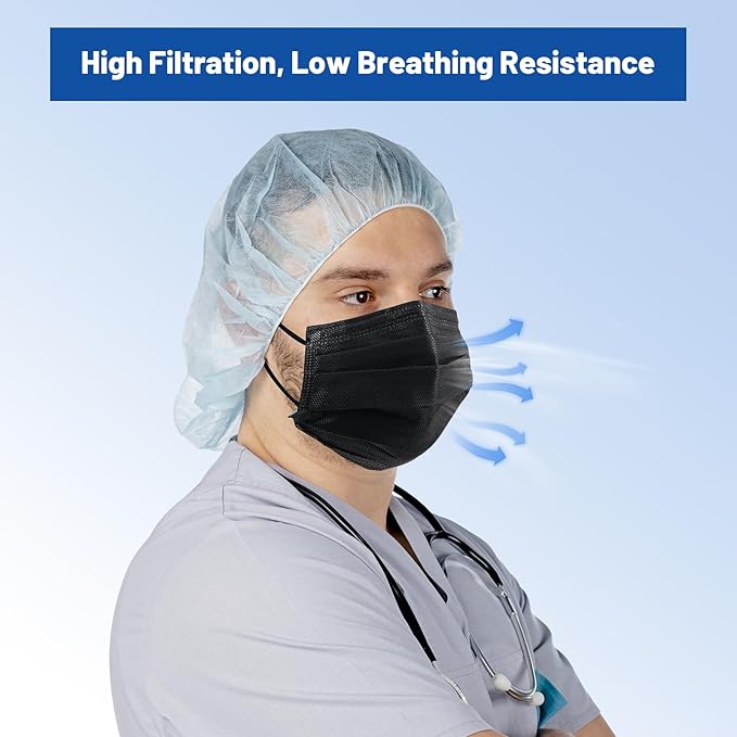 JMU Level 3 Black Disposable Face Mask, 4-Ply Medical Face Masks for Adults, 50 Pack