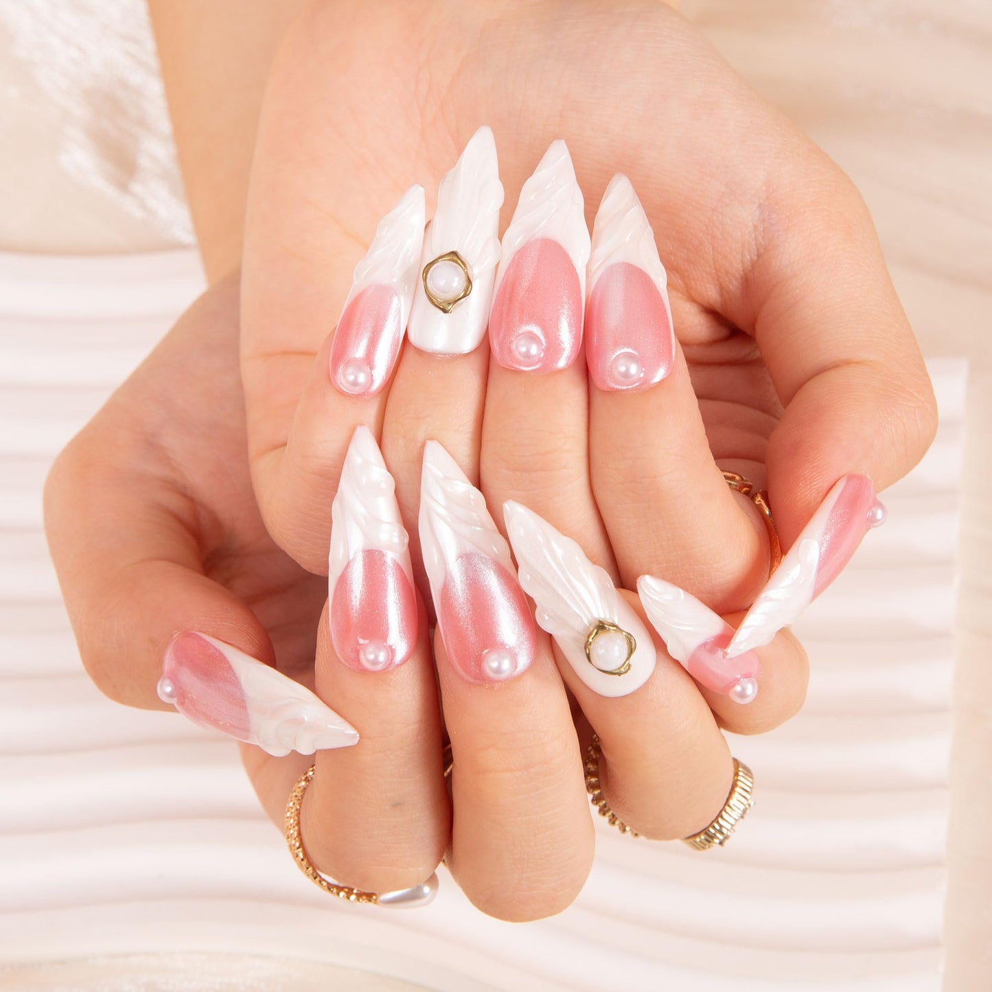 LOVFUL Press on Nails The White | Handmade with Full Covered Crystals | Reusable Full Cover Nails | Stiletto Classic Regular 1.3 in | H306-M